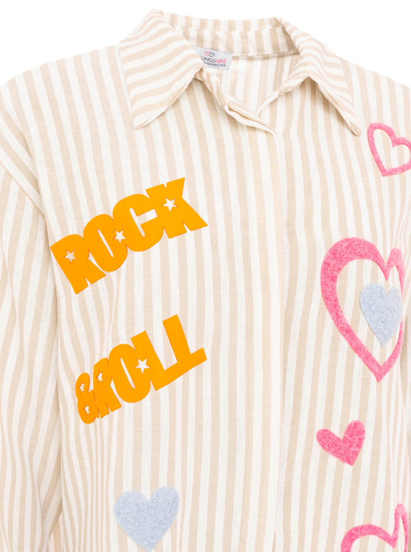 Zwillingsherz Hemdbluse "Rock n' Roll Patches" gestreift, länger geschnitten, auffallende Teddy-Patches, Knopfleiste