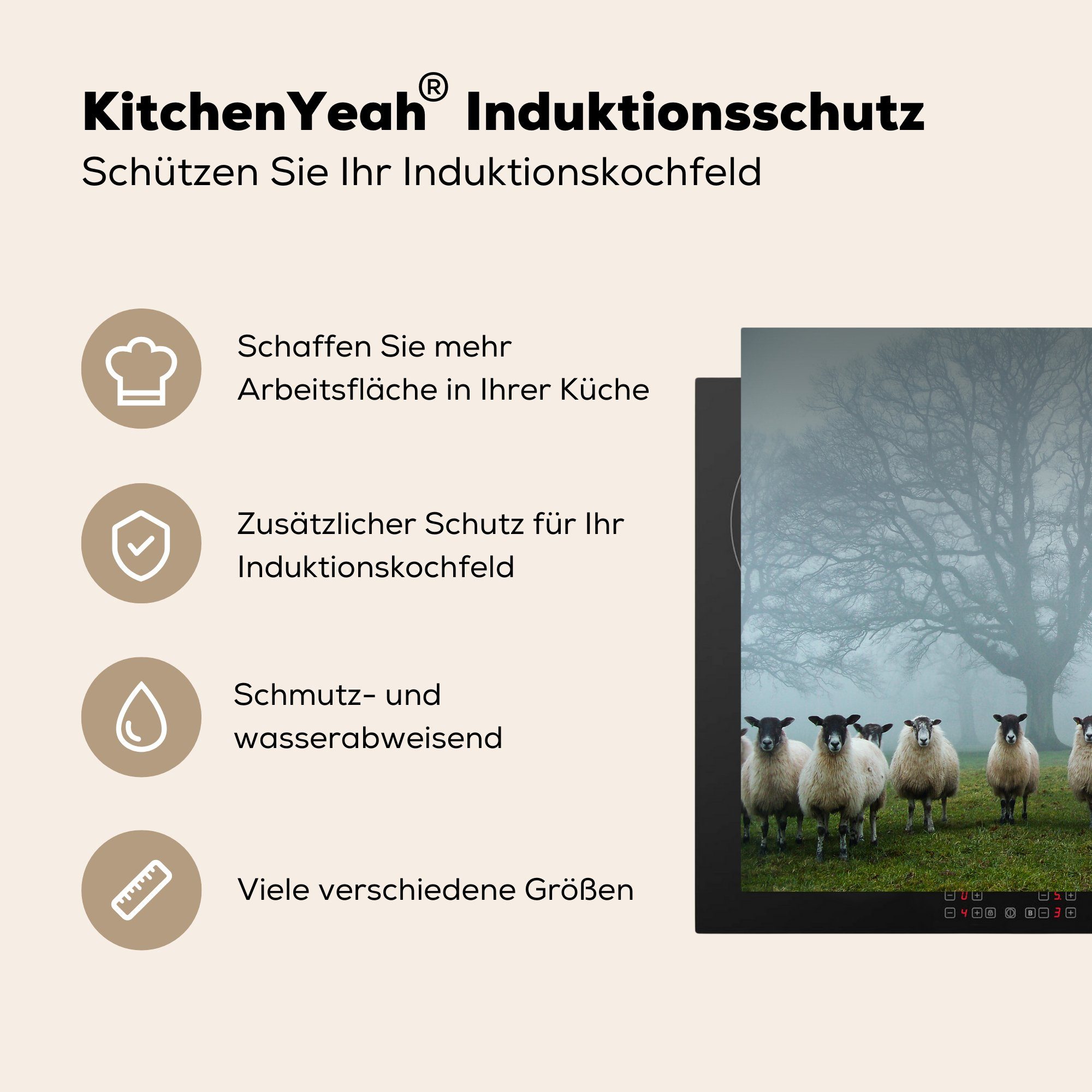 küche (1 Schaf Ceranfeldabdeckung, Nebel, Arbeitsplatte cm, tlg), für - 78x78 Baum Herdblende-/Abdeckplatte - Vinyl, MuchoWow