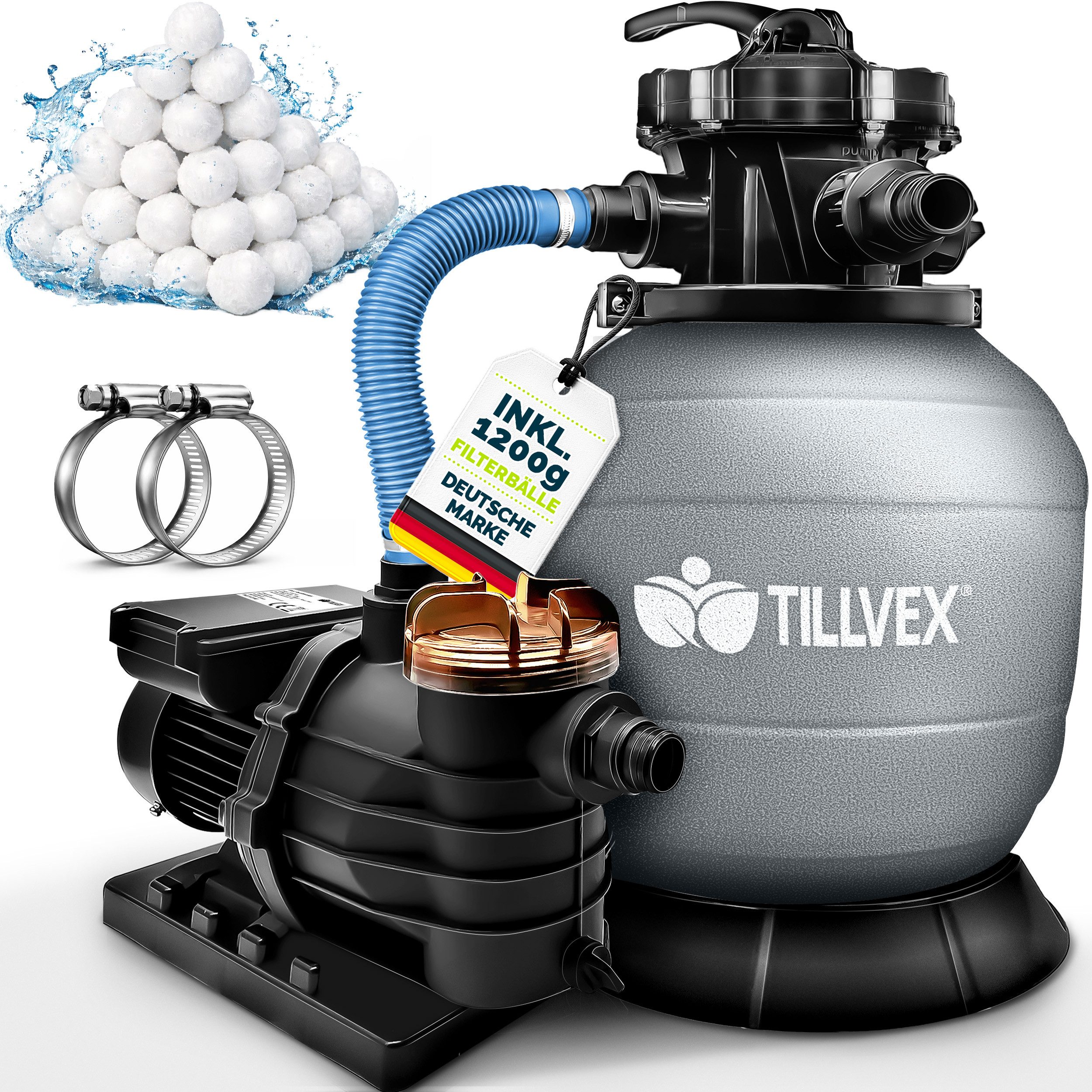 tillvex Sandfilteranlage 13.200L/h mit 1200g Filterbällen + Pumpe (Poolfilter Selbstansaugend Sandfilter Schwimmbecken, Filteranlage 7-Wege Ventil & 2in1 Adapter Ø32-38mm), Pool 13.200L/h bis 40.000L + 1200g Filterbälle