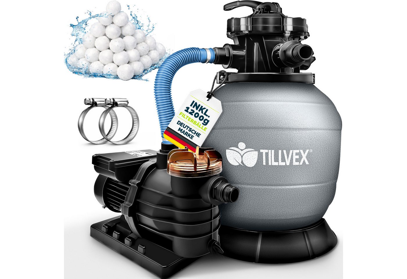 tillvex Sandfilteranlage tillvex Sandfilteranlage 13.200L/h mit 1200g Filterbällen + Pumpe (Poolfilter Selbstansaugend Sandfilter Schwimmbecken, Filteranlage 7-Wege Ventil & 2in1 Adapter Ø32-38mm), Pool 13.200L/h bis 40.000L + 1200g Filterbälle