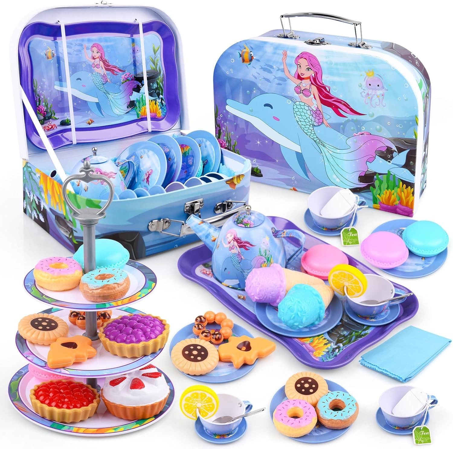 Auney Spielküche Teeservice Kinder Meerjungfrau 36 Teile Spielküche mit Koffer, Teeservice 36 Teile Meerjungfrau Design mit Koffer Zubehör Set