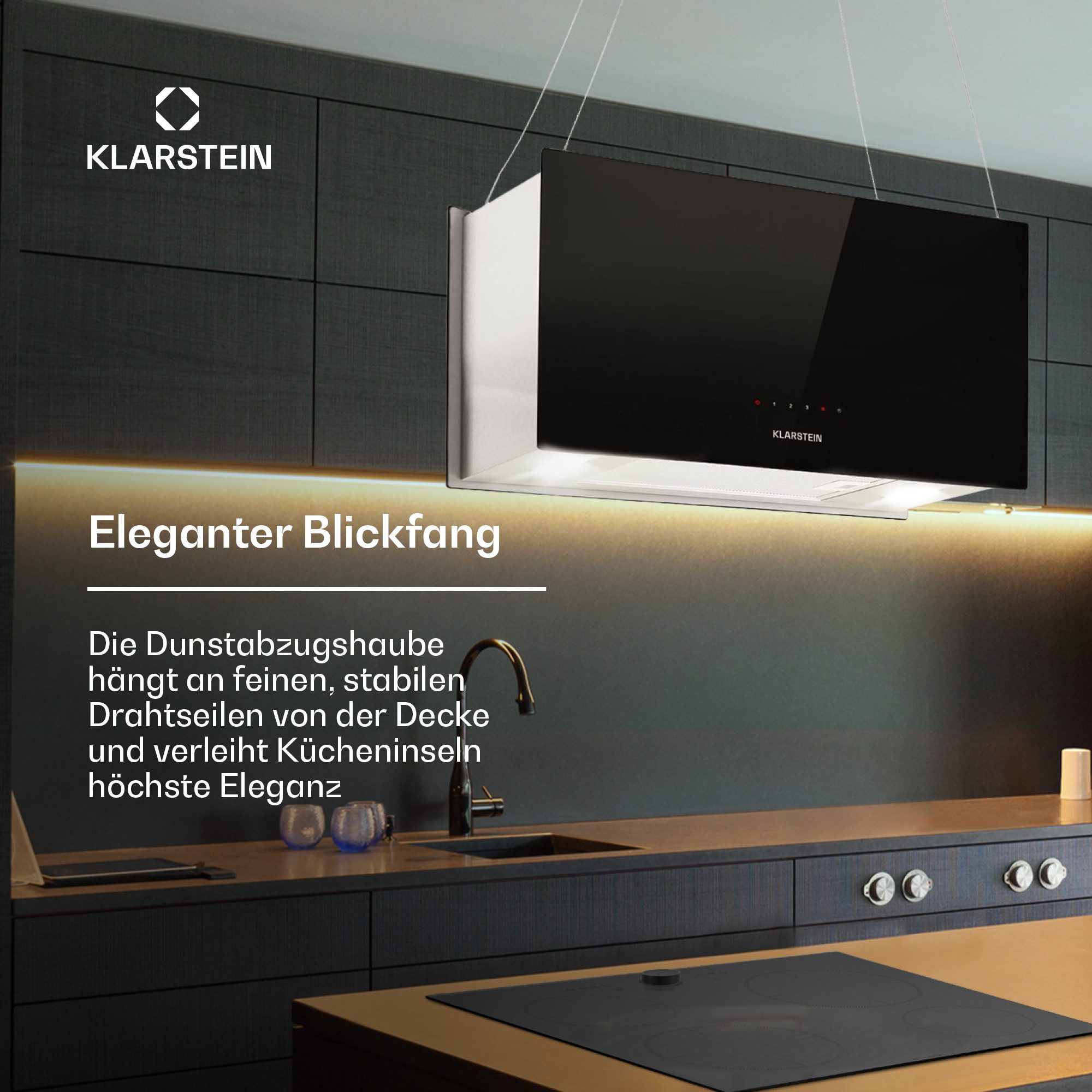 Klarstein Deckenhaube Kronleuchter L Serie Kronleuchter L Inselabzug 60 cm 590 m³/h LED Touch Glas Edelstahl Kronleuchter L, Abzugshaube Insel Abluft Umluft Haube Dunstabzug Dunstabzugshaube