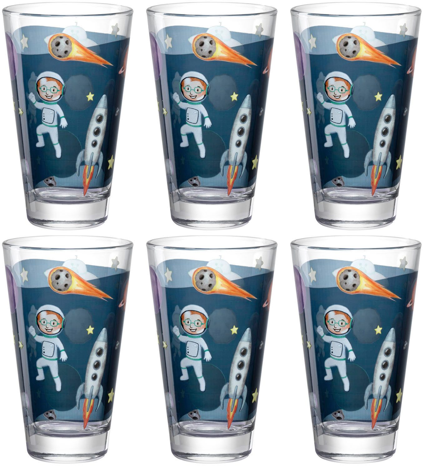 LEONARDO Gläser-Set BAMBINI AVVENTURA Weltall, 6-tlg., Glas, 300 ml, 6-teilig