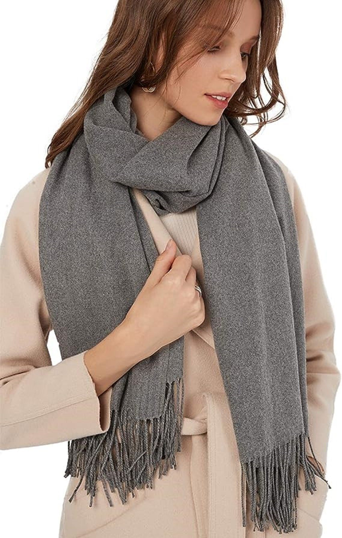 autolock Modeschal Schal Damen Warm Herbst unifarben Baumwolle, mit modischen fransen grau