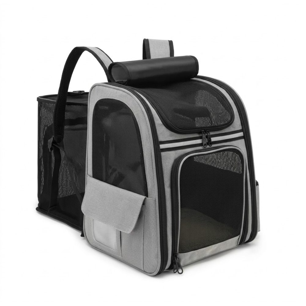 Athlix Tiertransporttasche faltbarer Haustier-Rucksack mit Mesh-Fenstern und Haltegurt bis 8 kg, Seitentaschen für Zubehör, rutschfeste und verstellbare Schultergurte
