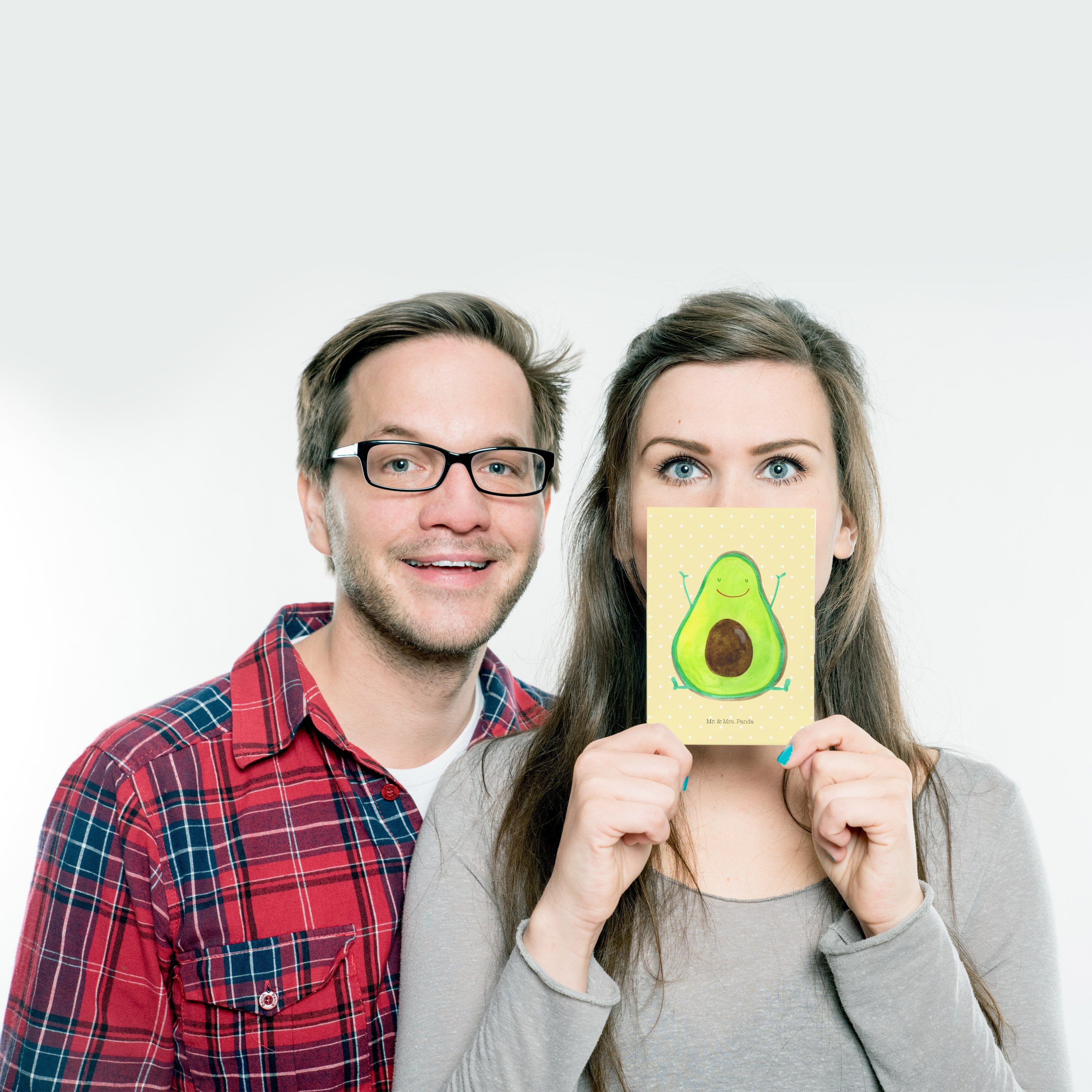 Mr. & Mrs. Pastell Happy Avocado gl Veggie, Postkarte Panda - Geburtstagskarte, Gelb - Geschenk