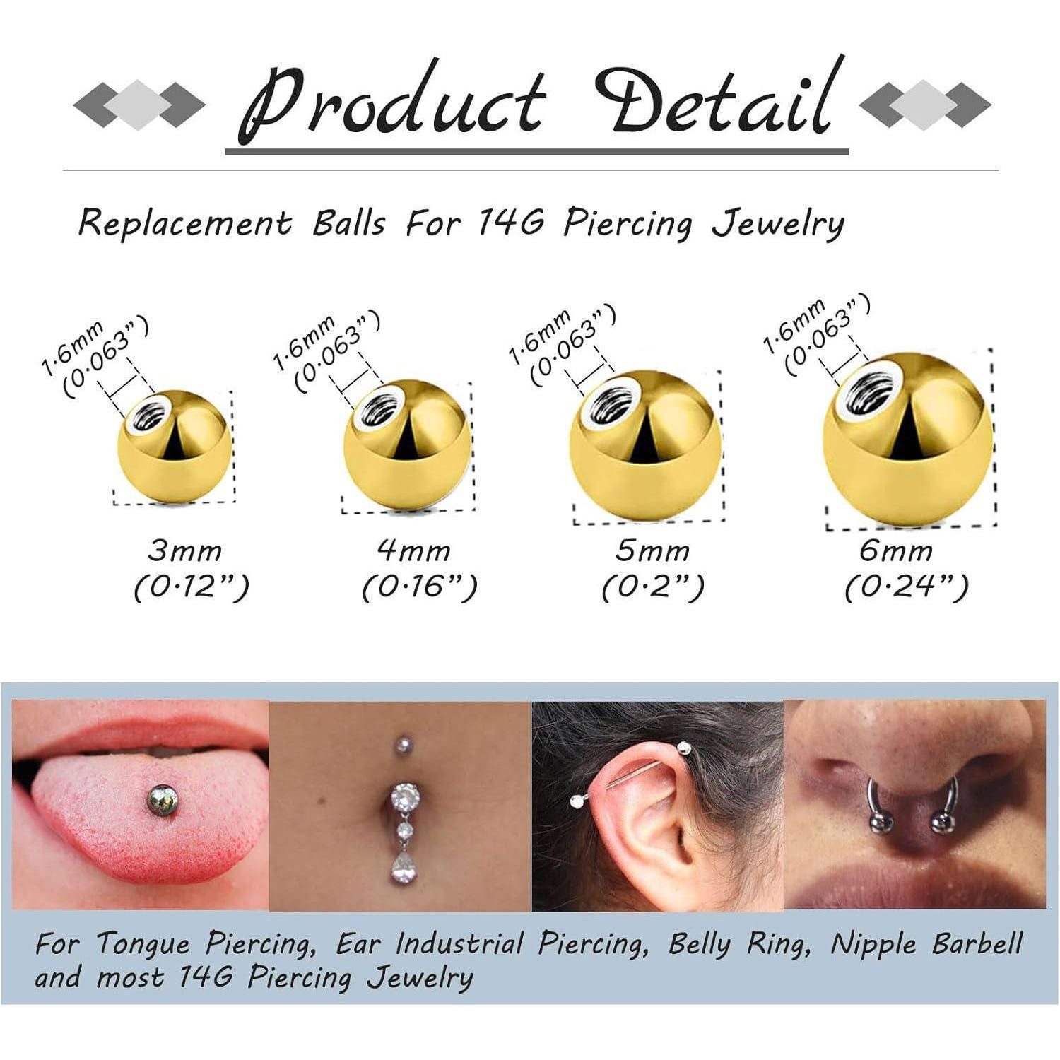 Gojewen Piercing-Set 20stk Silber Piercing Kugeln 3/4/5/6mm Schraubkugel Edelstahl 14G