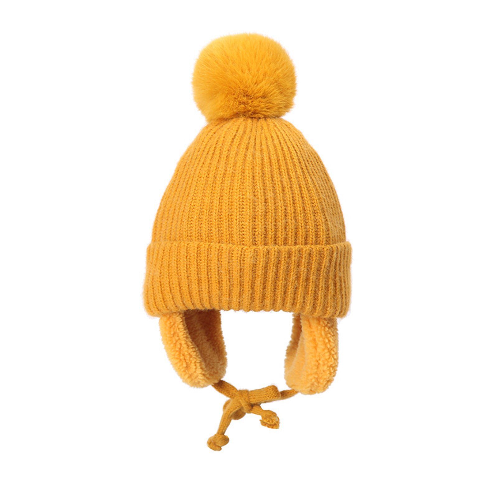 Rutaqian Strickmütze Baby wintermütze Stricken Hut Verdicken Ohrenschützer Hut für Kinder (Kinder Wintermütze für Mädchen Jungen 2-8 Jahre) mit Fleece gefüttert Gelb | Strickmützen