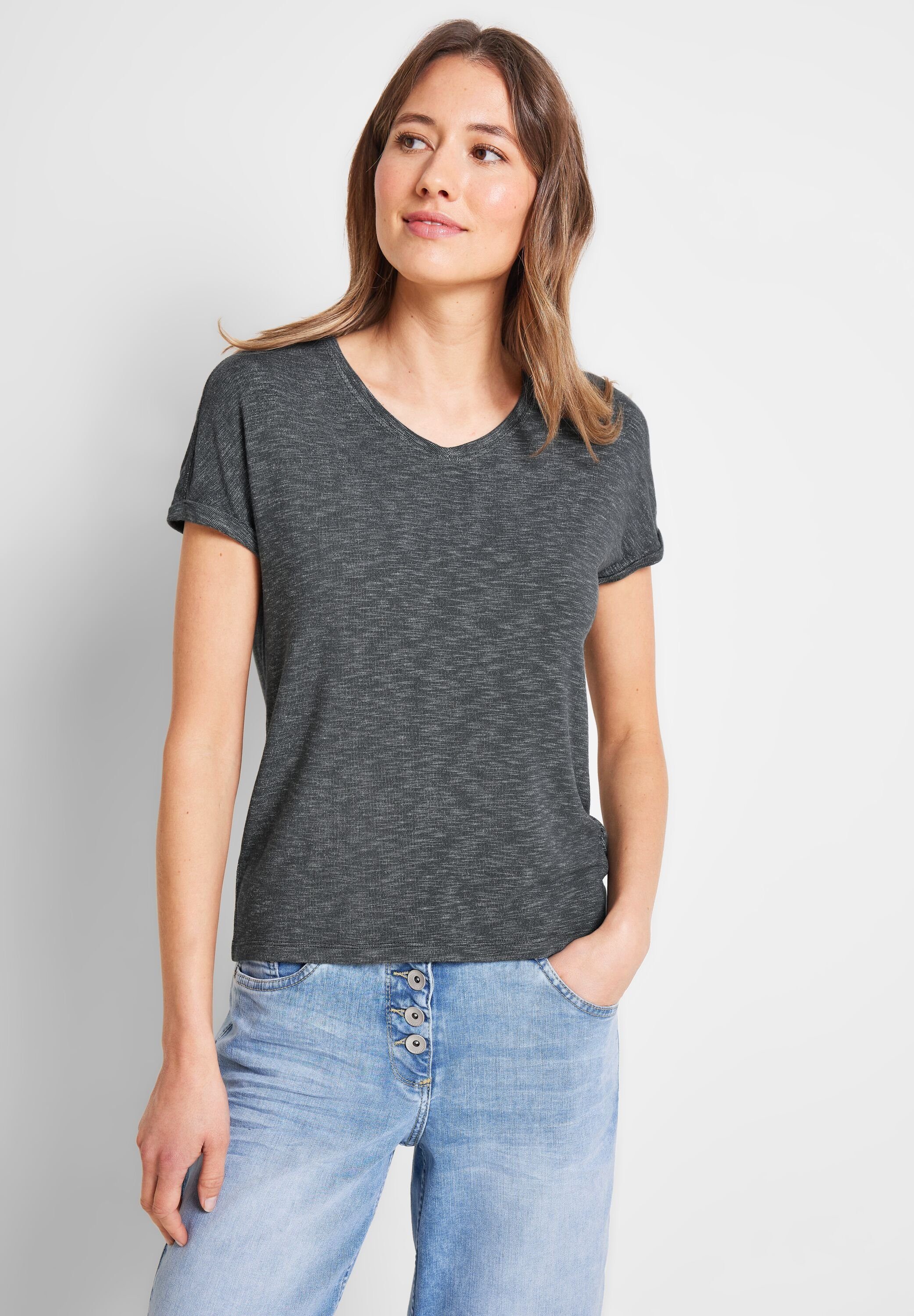 Cecil T-Shirt mit abgerundetem V-Ausschnitt easy khaki melange