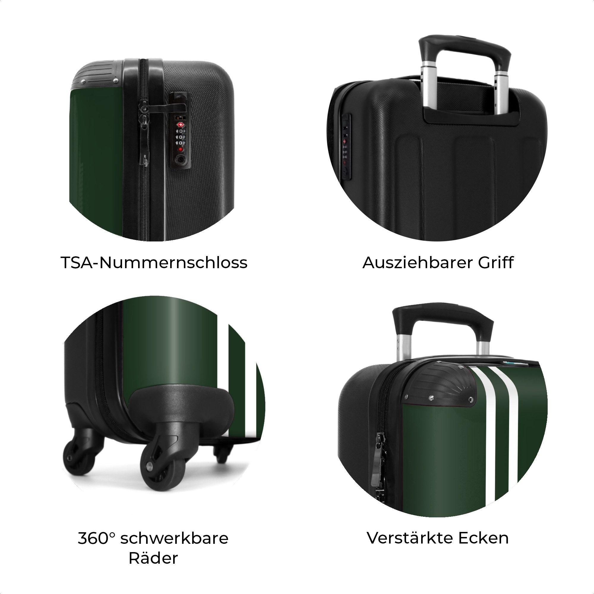 NoBoringSuitcases.com© Hartschalen-Trolley Dunkelgrüner Hintergrund mit doppelten weißen Seitenstreifen auf der l, 4 Rollen, Reisetasche mit Rollen, Koffer Handgepäck Flugzeug