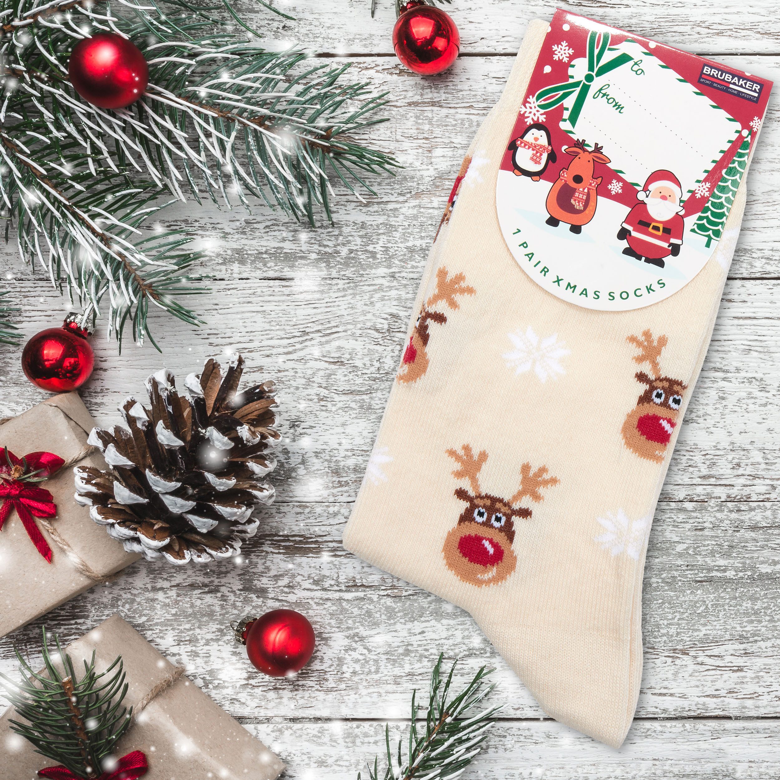BRUBAKER Socken Weihnachtssocken für Damen und Herren (Rudolph, 6-Paar, 1 Paar) Festliche Weihnachtsmotive Rentiere - Baumwolle Socken Weihnachten