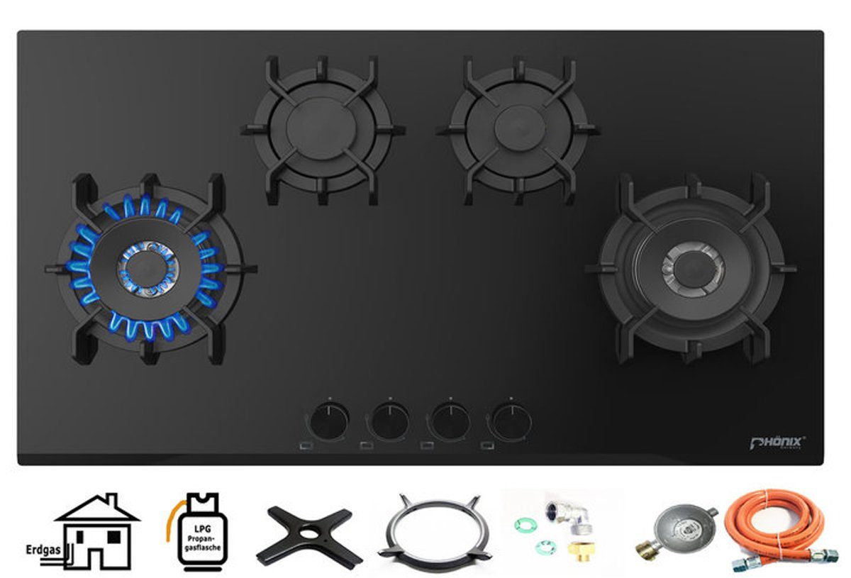 Phönix Germany Gas-Kochfeld PG-904SWL, Gaskocher4 flammig mit Zündsicherung, Propan- / Erdgas, H-Gas