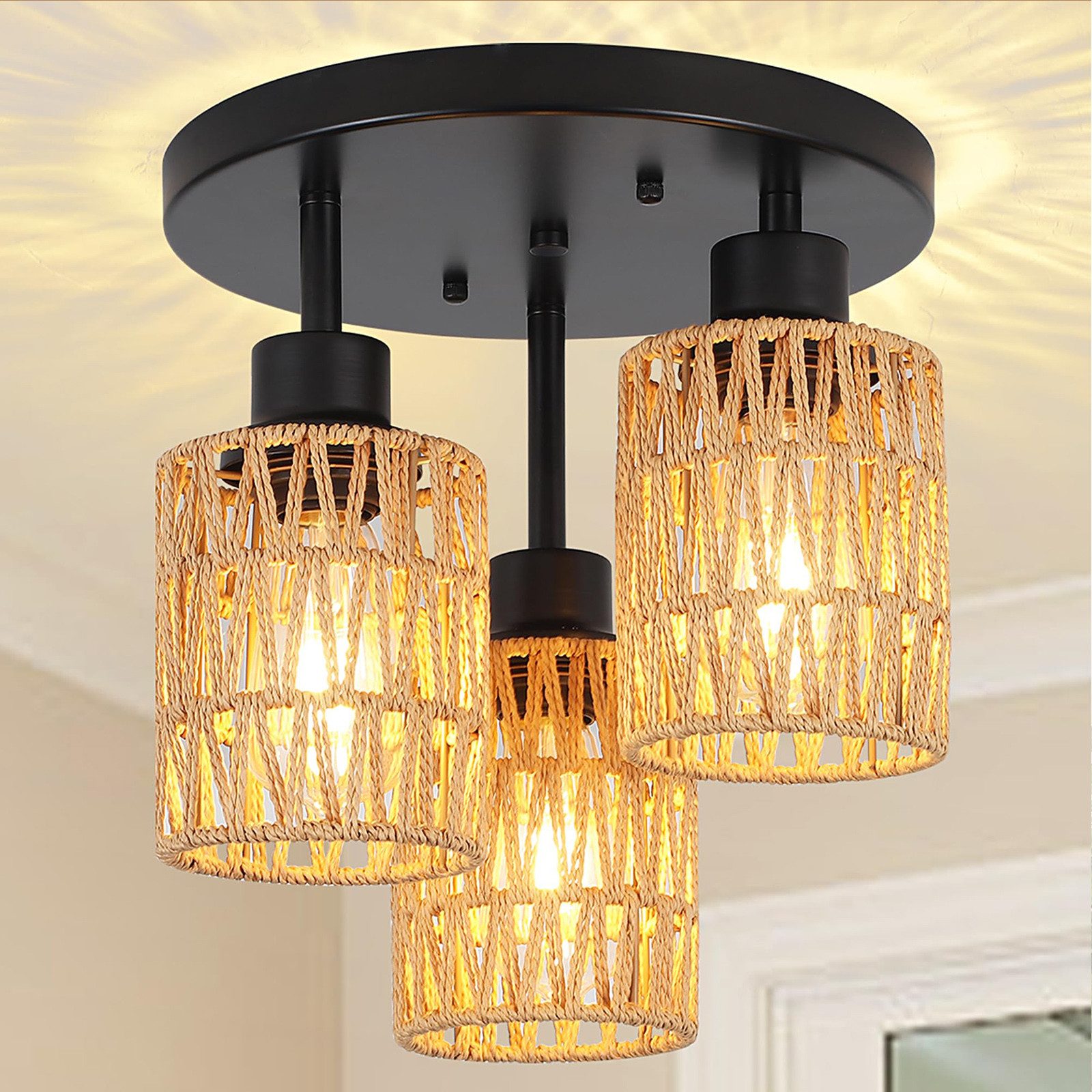 MUPOO Pendelleuchte LED Deckenleuchte,Boho Pendelleuchte,Rattan Deckenleuch günstig online kaufen