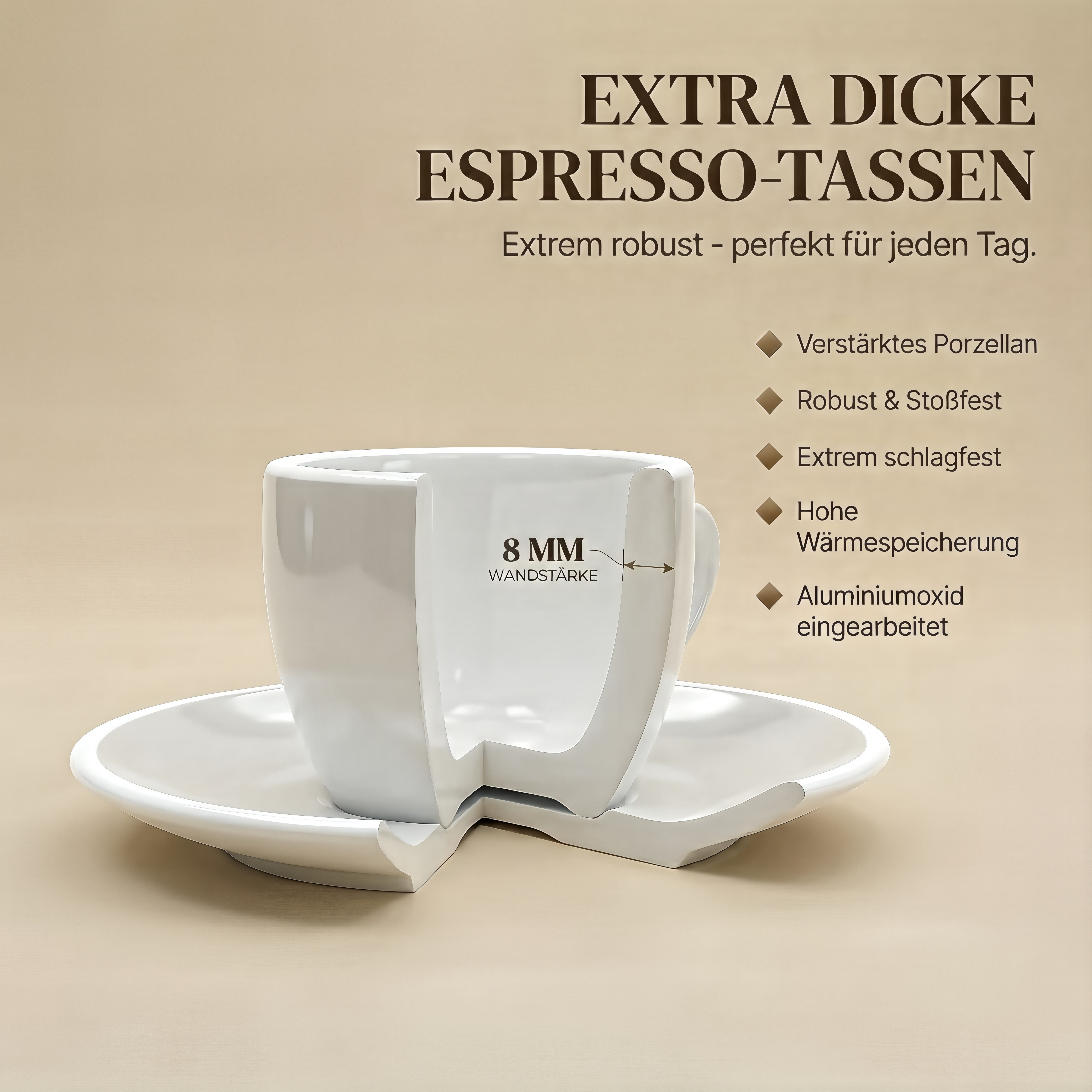 MUVELL Espressotasse 6x Espressotassen & Untertassen Set 0,8 cm dickwandig, weiß, 6-tlg., Keramik, 60 ml weiß