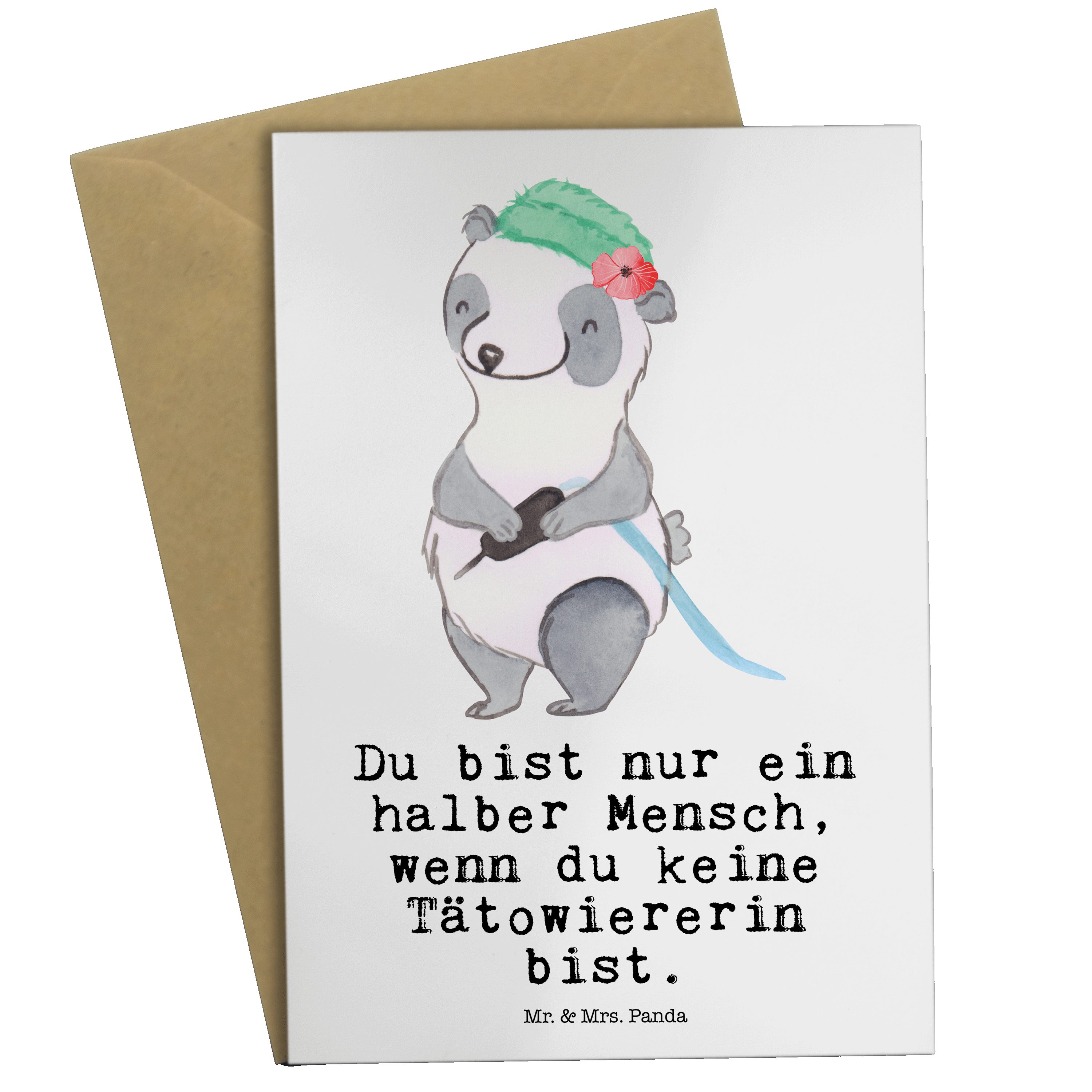 Mr. & Mrs. Panda Grußkarte Tätowiererin mit Herz - Weiß - Geschenk, Geburtstagskarte, Klappkarte