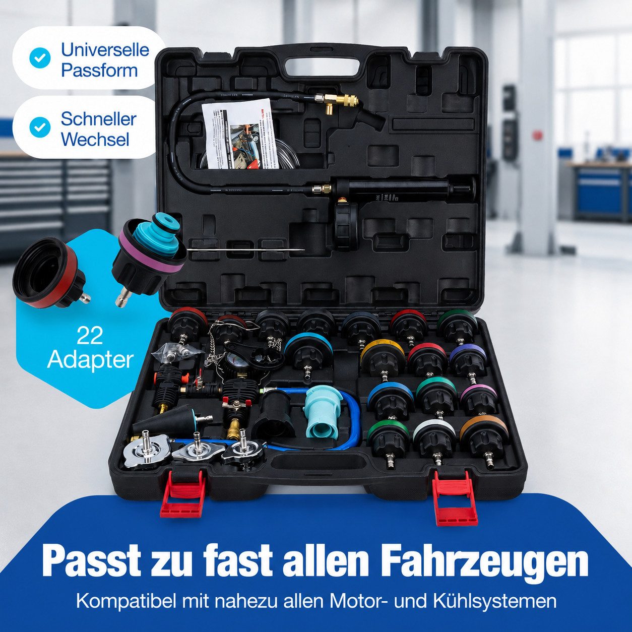 NTG Nutzfahrzeug Technik GmbH Multitool Kühlsystem Abdrückgerät 28 tlg Kühler Nachfüll-Set Prüfgerät, (Werkzeug Set Kfz PKW), Vakuum Kühlmittel Befüllgerät Entlüftungsgerät Set