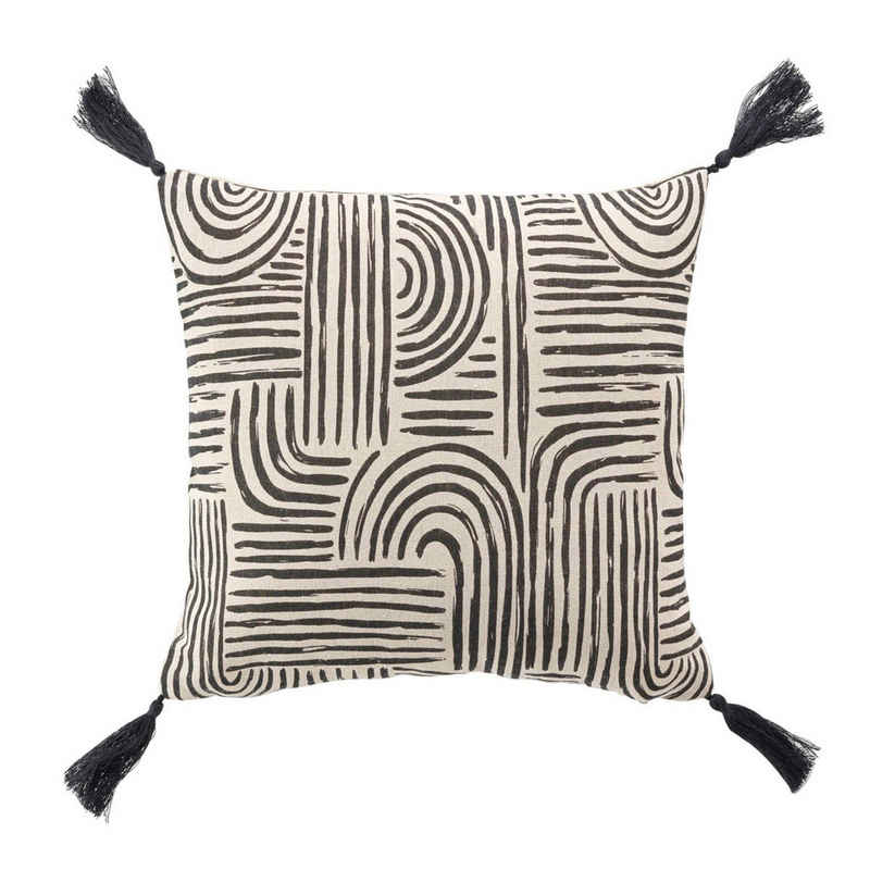 Macosa Home Dekokissen Kissen 45 x 45 cm Beige Schwarz Muster Boho Quasten Baumwolle, Quadratisch mit Reißverschluss