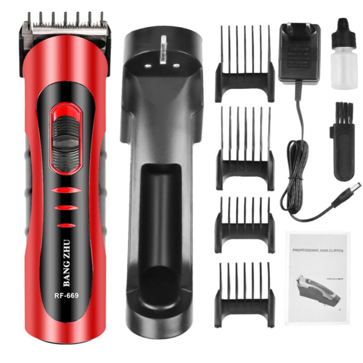 Kemei Haar- und Bartschneider KM-609A Rot, 1x Trimmer, 1x Ladestation, 4x Aufsätze, Öl, Bürste, Lange Akkulaufzeit