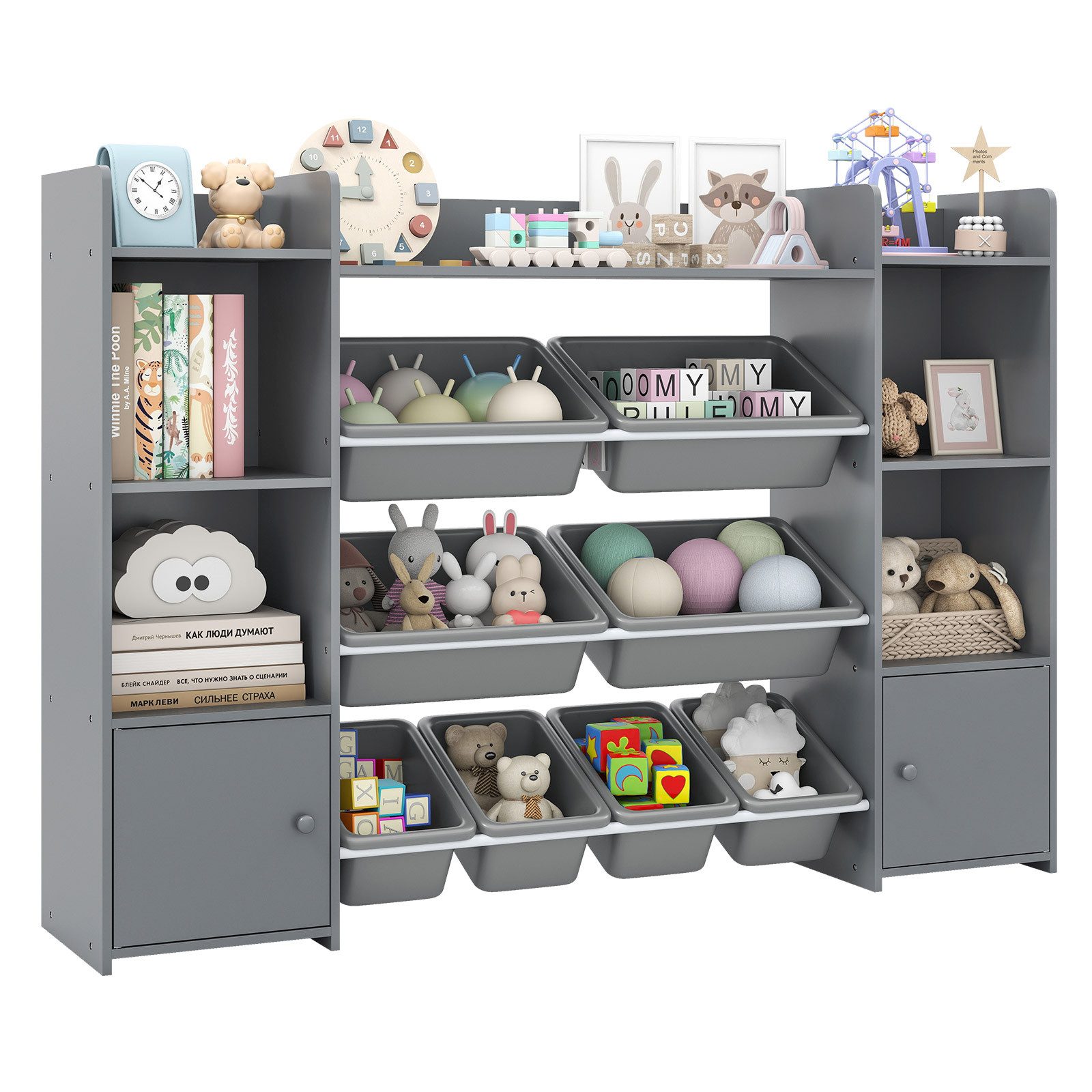 COSTWAY Kinderregal, 4-stöckiges Spielzeugregal mit 8 Boxen, Holz, grau