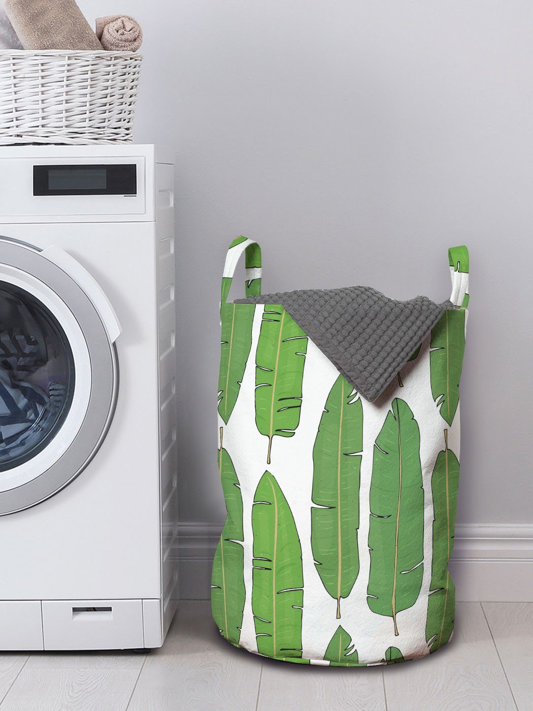 Paradiesvogel Wäschekorb mit Laub Abakuhaus für Wäschesäckchen Botanischer Waschsalons, Kordelzugverschluss Griffen
