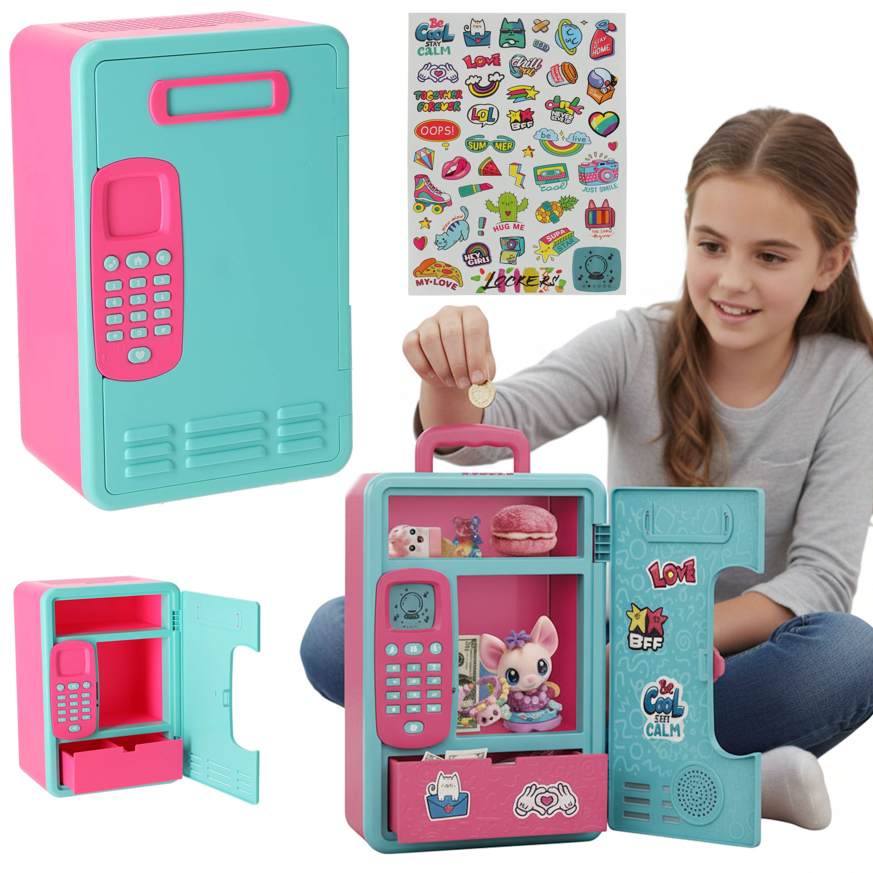 COIL Spardose Elektronisches Sparschwein, Geldkassette, Mini-Tresor, Geheimfach, PIN-Code, Banknoten und Münzen, Soundeffekte, Aufkleber
