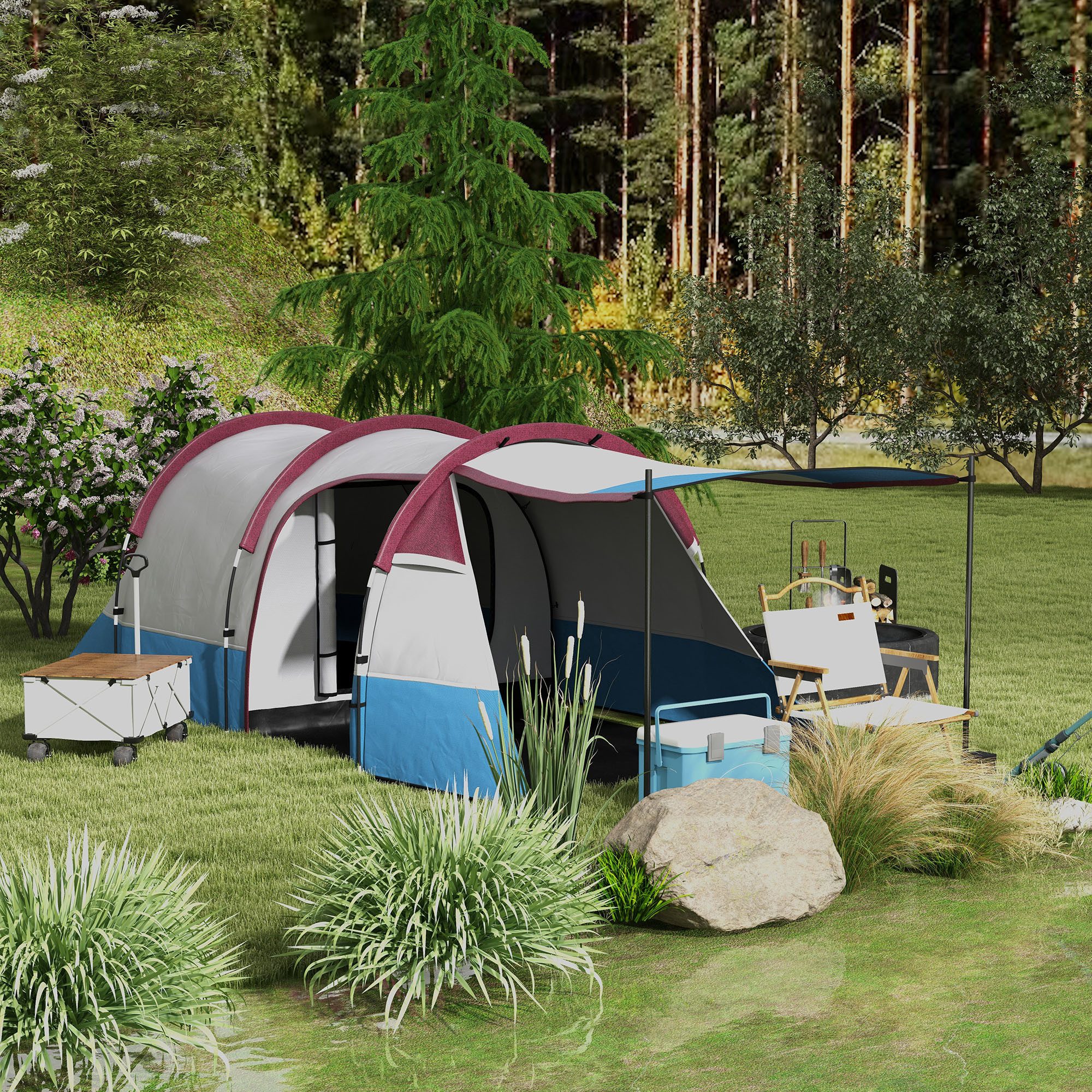 CHICFURN Tunnelzelt Campingzelt für 3 Personen, mit Vorzelt, 2 Räumen, Lichthaken, Personen: 4 (Packung, 1 tlg., Winddichtes Familienzelt, 2000 mm wasserabweisend, inkl. Tragetasche), Für Camping, Garten und Outdoor, Farbe Rot