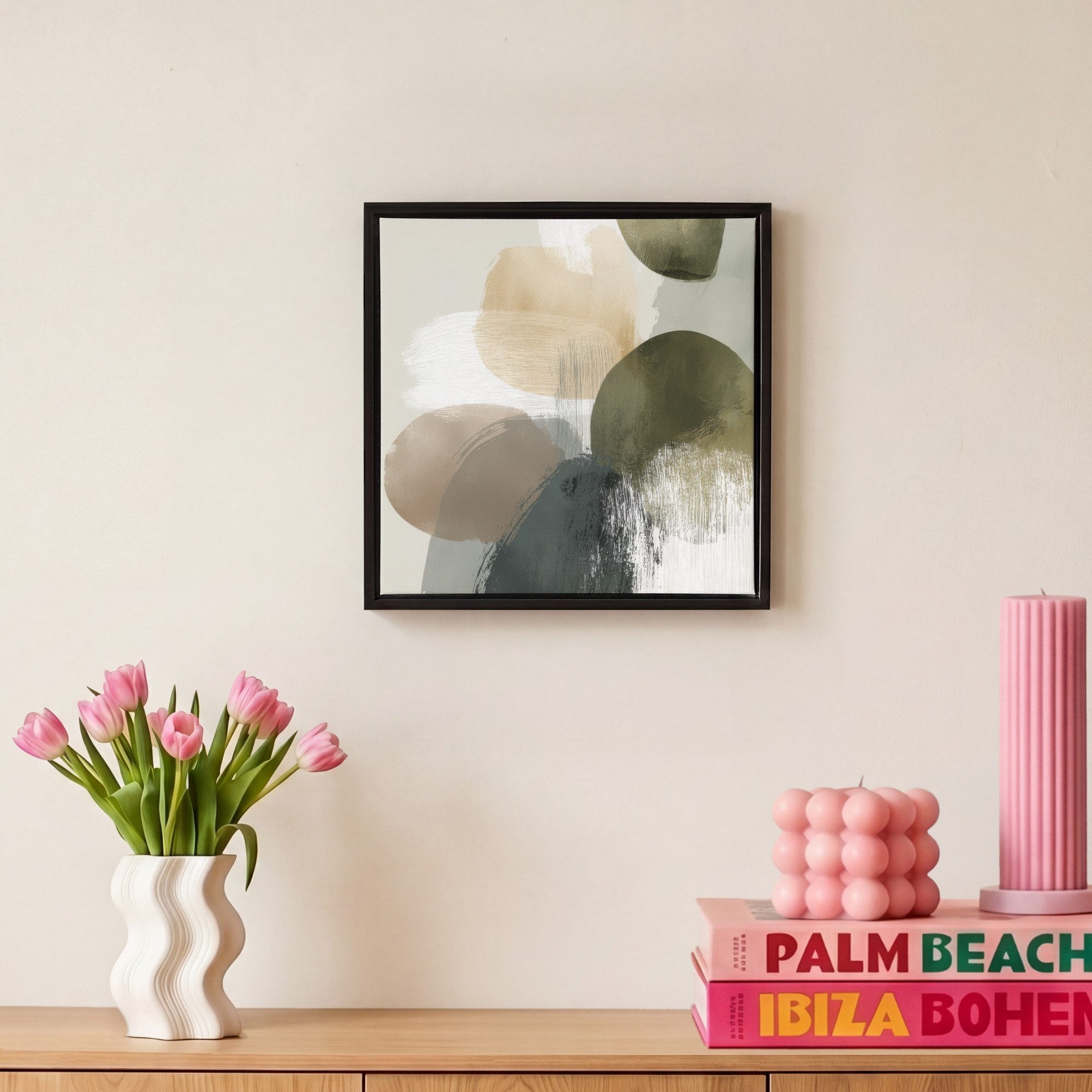 OneMillionCanvasses® Leinwandbild mit Rahmen - Minimalistisch - Kreise - Pinselstriche - Beige, Fotodruck (1 St), Leinwand Bilder Klein, Wand Dekoration Aesthet – Bild 4 von 5