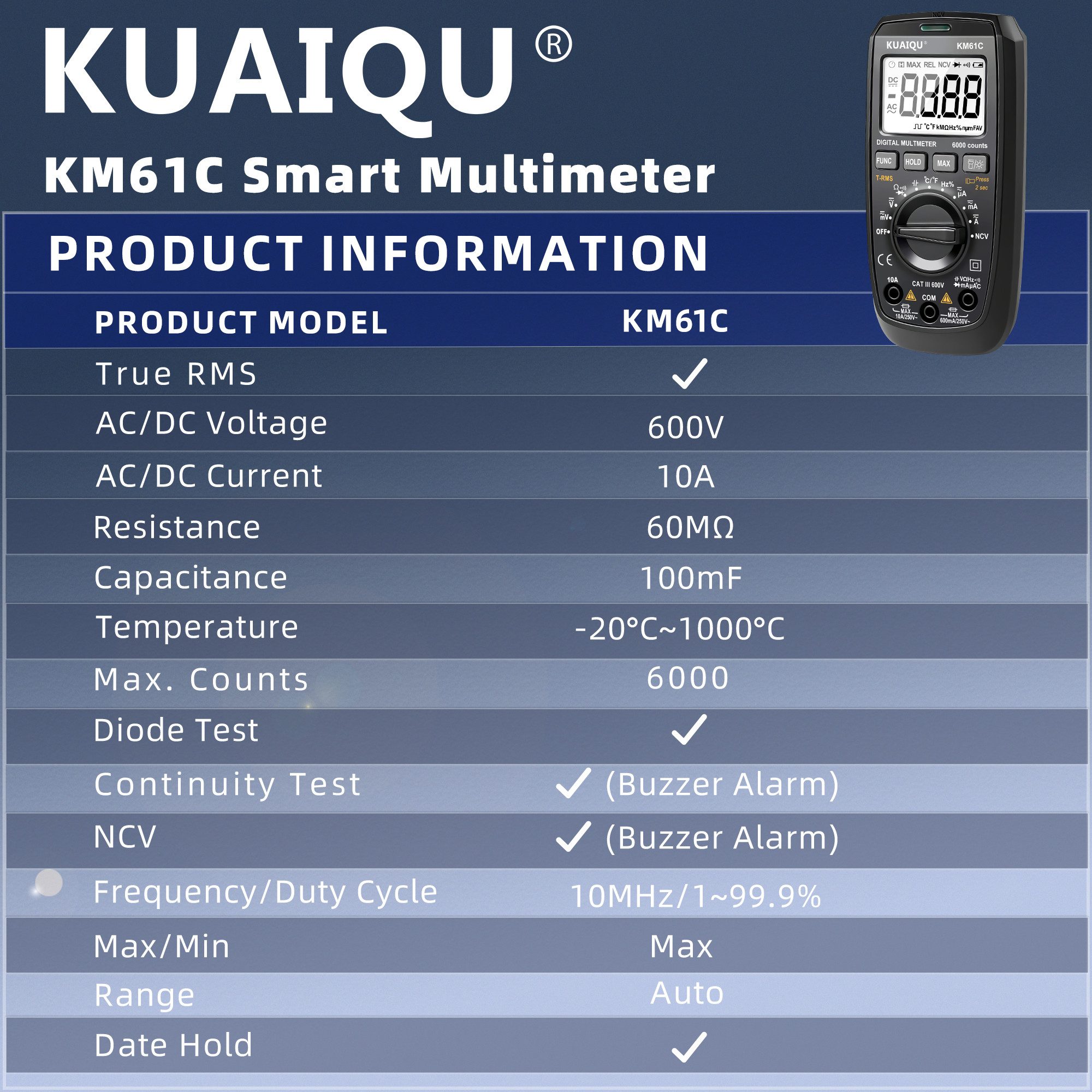 BBG Multimeter Digitales Multimeter True RMS mit NCV-Spannungserkennung, LCD-Backlight, LED-Licht&HOLD-Funktion für präzise AC-Spannungsmessung