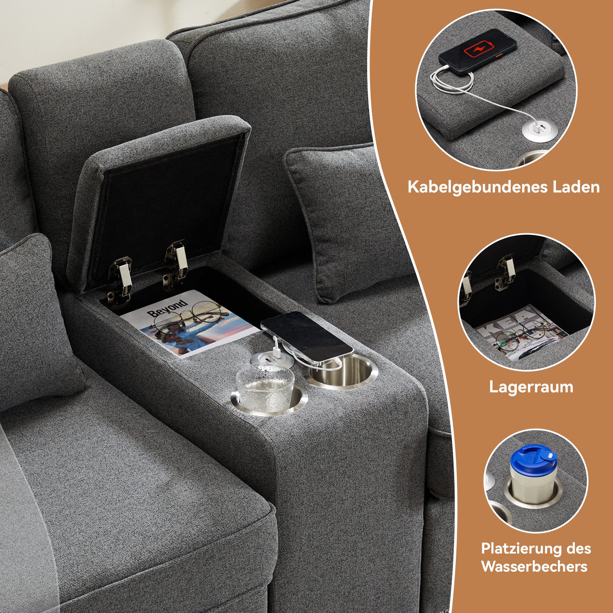 Merax 4-Sitzer mit Seitentaschen und Getränkehälter, XXL-Sofa mit USB,Chaiselounge,Polstermöbel mit Zierkissen – Bild 4 von 5