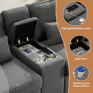 Merax 4-Sitzer mit Seitentaschen und Getränkehälter, XXL-Sofa mit USB, Chaiselounge, Polstermöbel mit Zierkissen