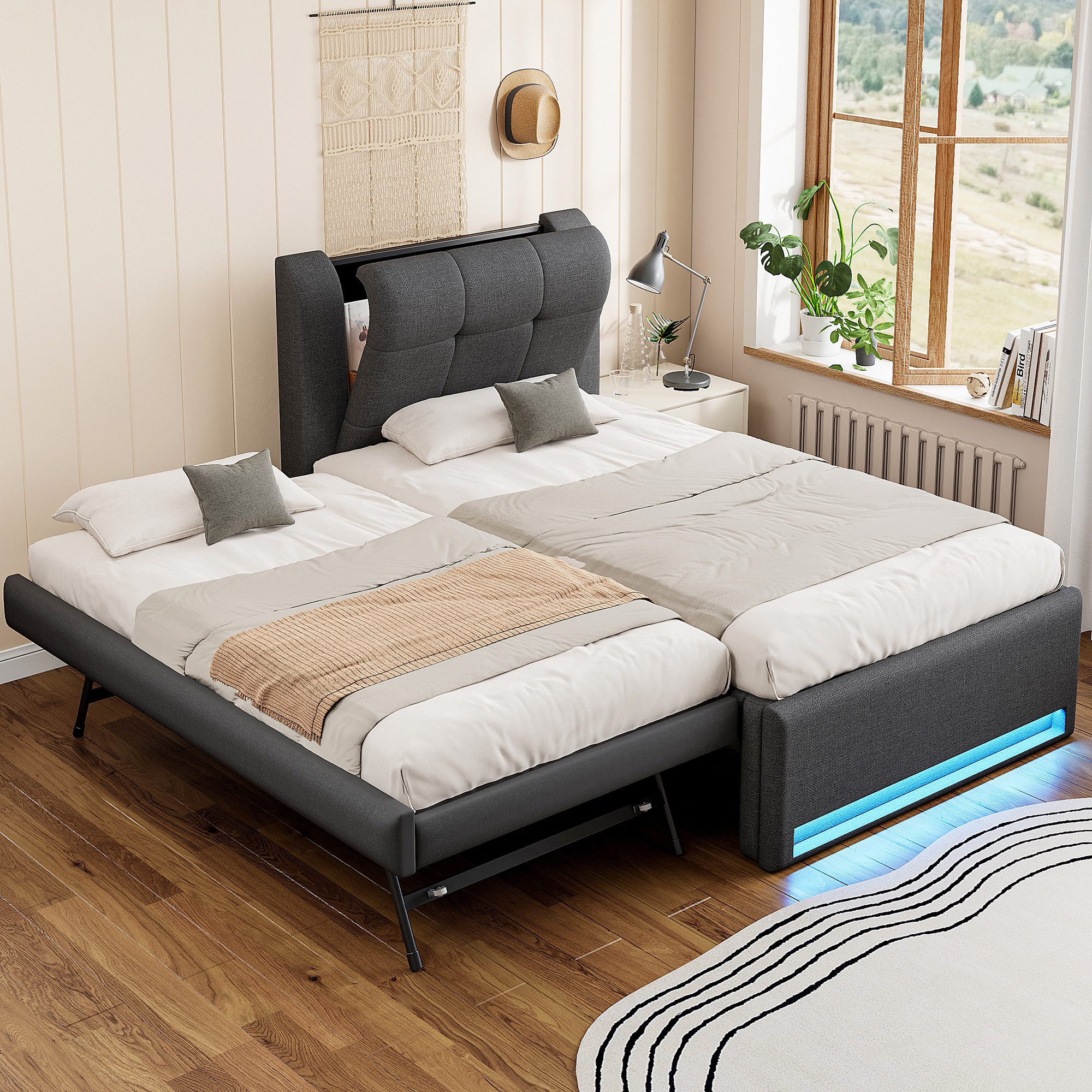 Flieks Polsterbett, Kinderbett 90x200cm mit Ausziehbett 90x190cm & LED-Beleuchtung