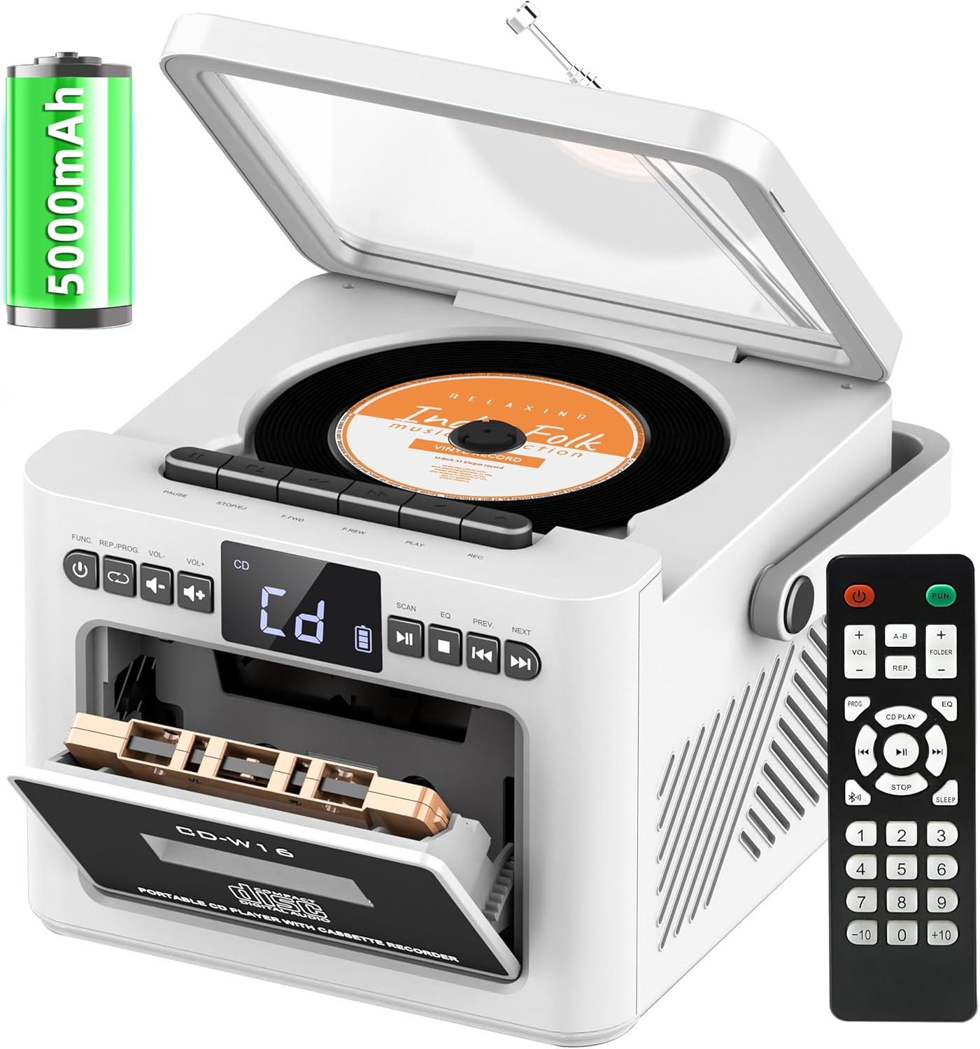 AKKEE mit Bluetooth-Lautsprecher, FM-Radio und Kassettenspieler Stereo-CD Player (USB-/AUX-/SD-Karten-Anschluss, USB-Aufladung)