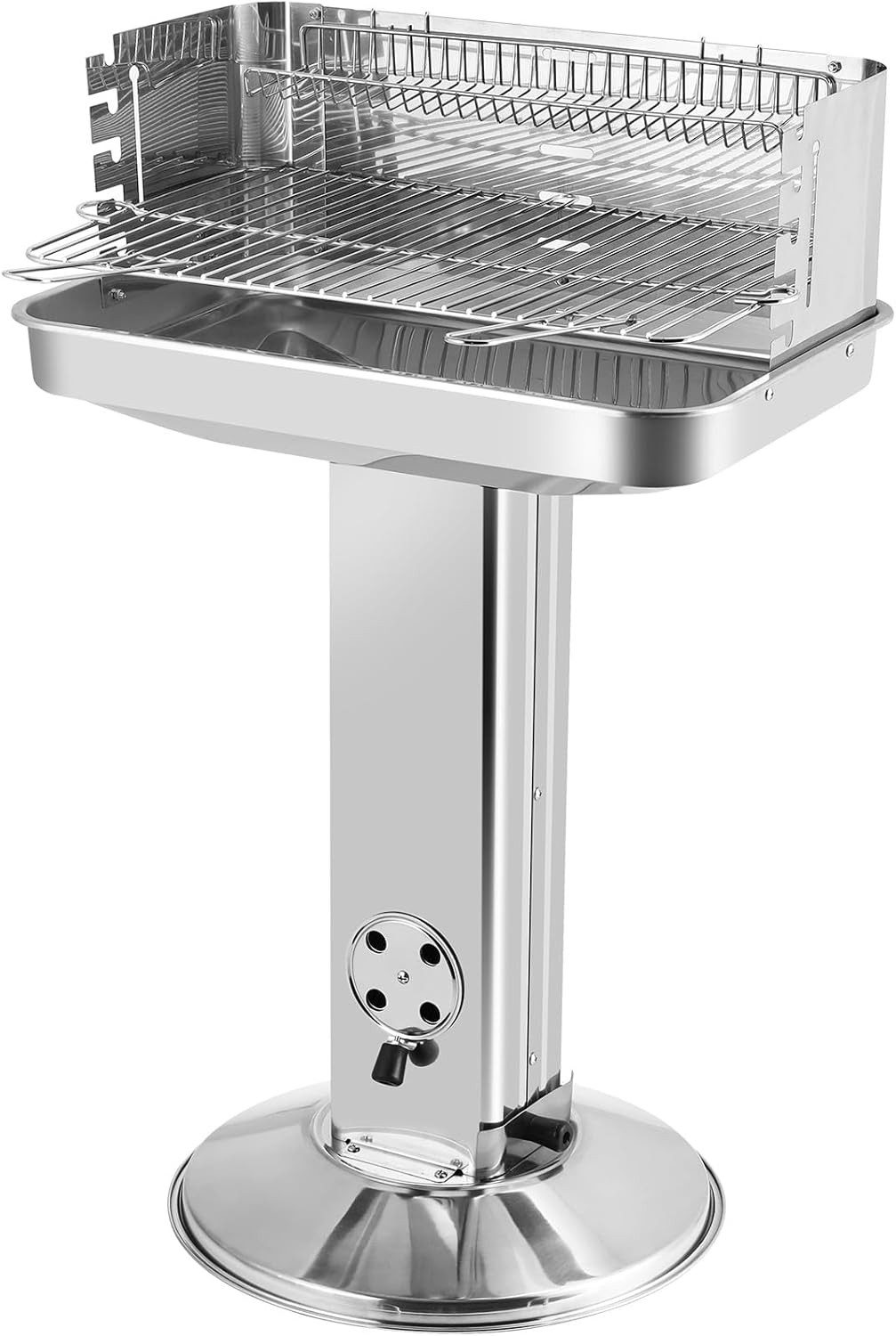 TLGREEN Standgrill Säulengrill aus Edelstahl, Holzkohlegrill, BBQ-Grill für Camping, 5-fach höhenverstellbarem Grillrost, 57*38*89.5cm