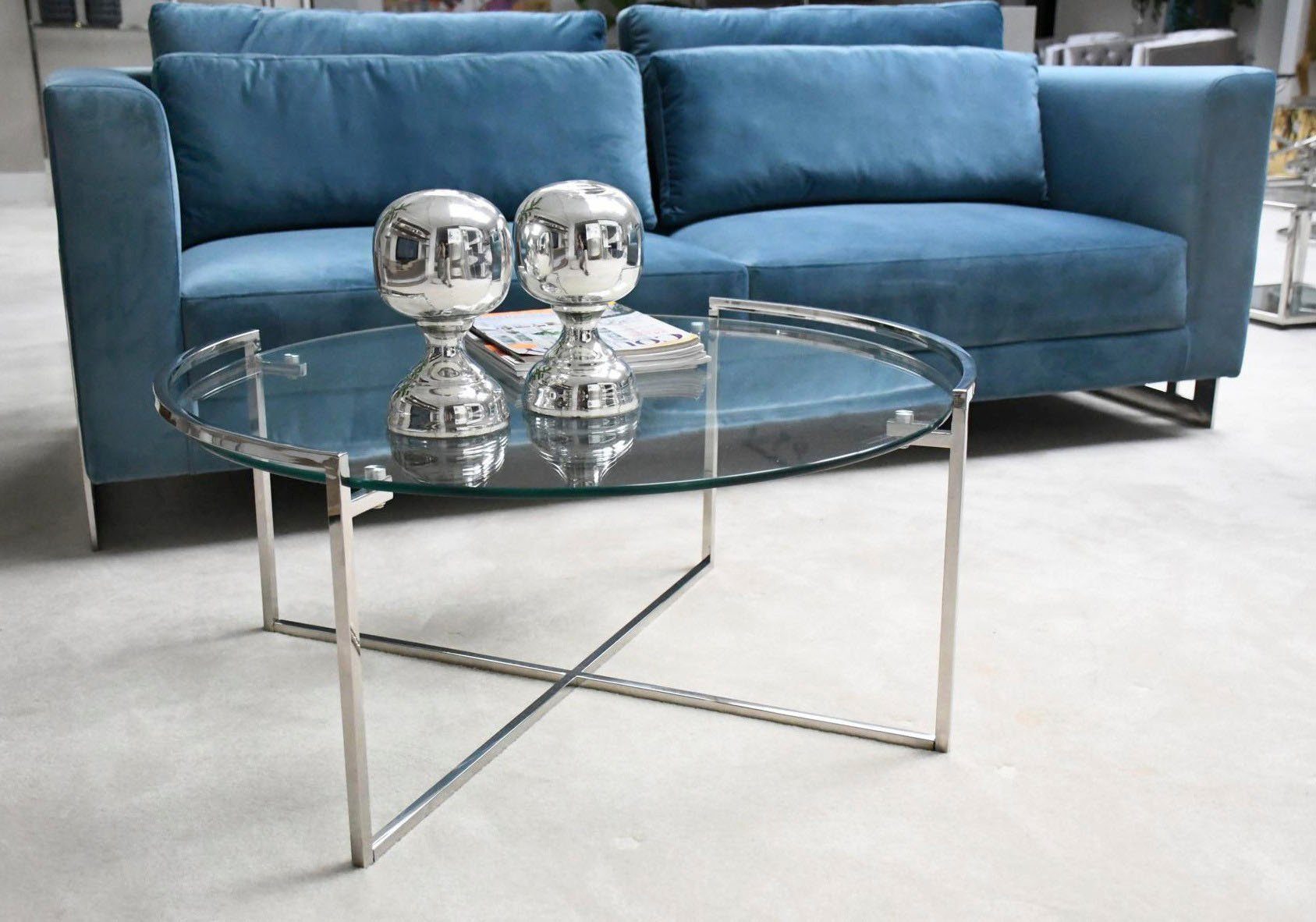 Leonique Couchtisch Paula, Runder Couchtisch, Silber, Chrom, Glasplatte, Gestell, 90x90x40