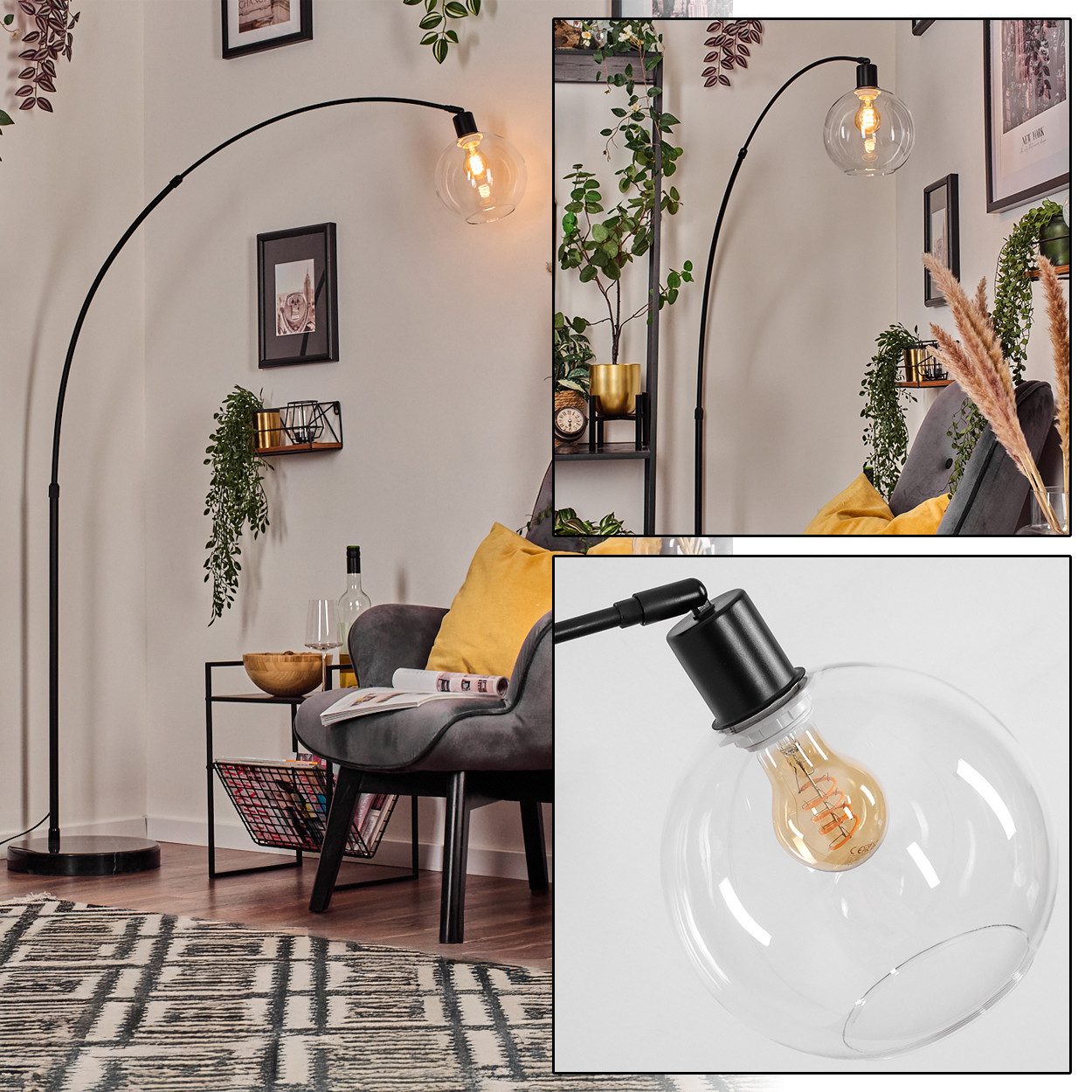 hofstein Bogenlampe Stehlampe mit Marmorfuß aus Metall/Glas in Schwarz/Klar, verstellbare Stehleuchte im Retro/Vintage, Ø 20 cm, Fußschalter, E27