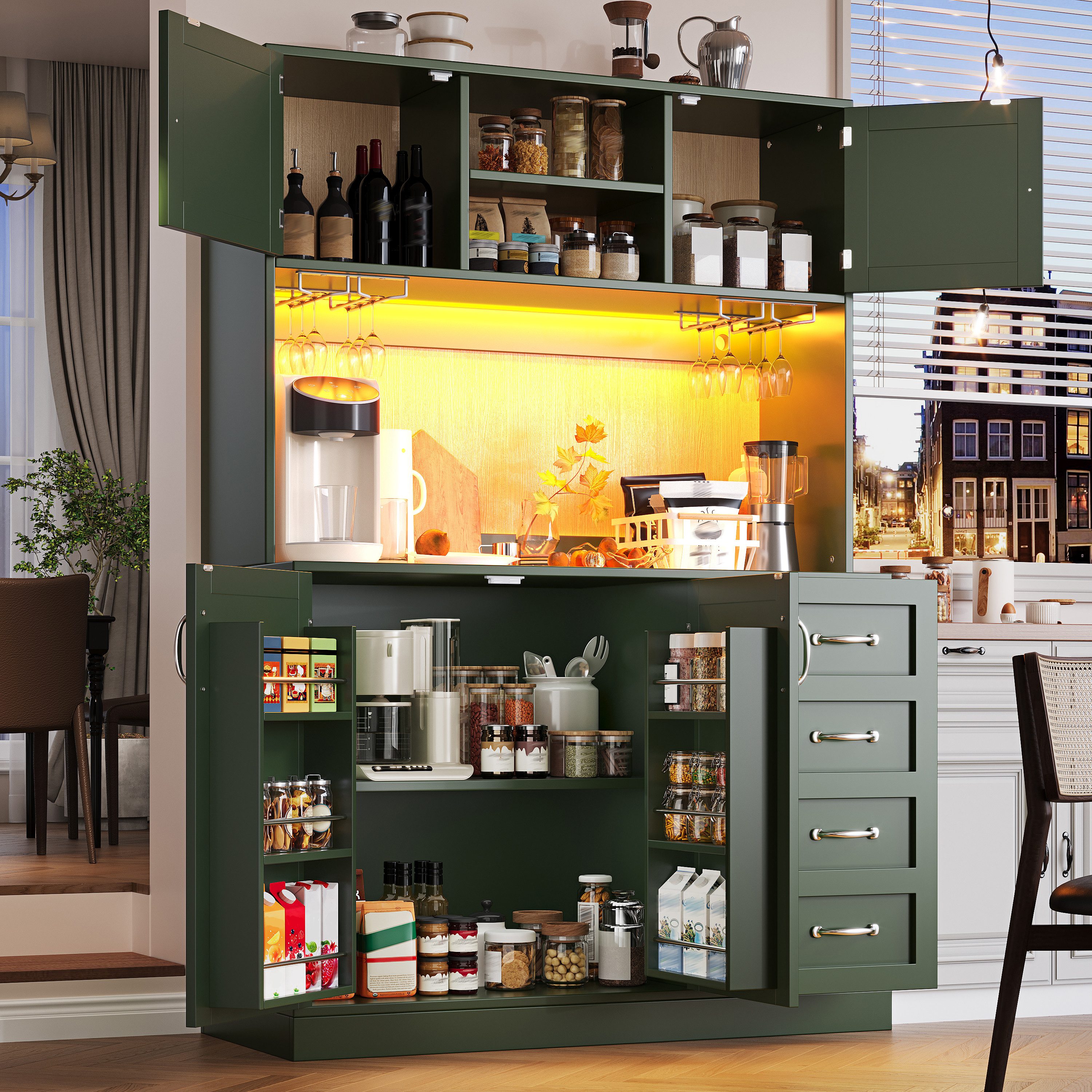TavilaEcon Küchenbuffet Küchenschrank mit maximalem Stauraum, vier Türen, Schubladen (1-St) mit Getränkehalter, Metallgriffe und Anti-Kipp-System, grün