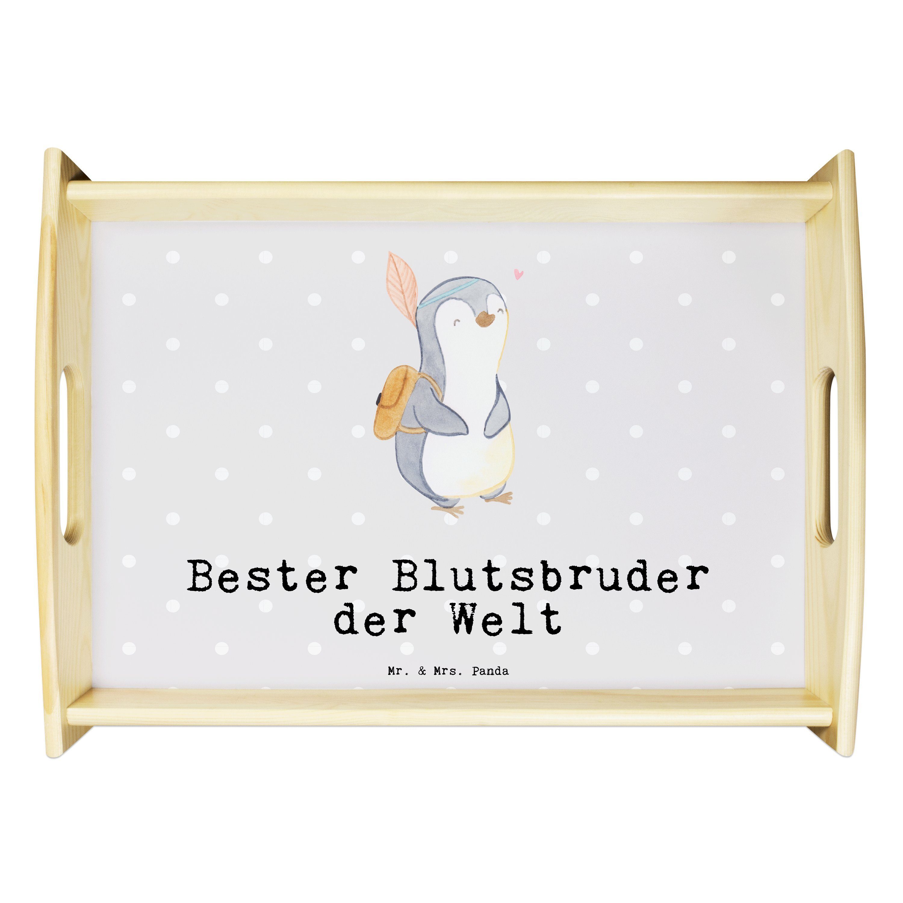 Mr. & Mrs. Panda Tablett Pinguin Bester Blutsbruder der Welt - Grau Pastell - Geschenk, Küchen, Echtholz lasiert, (1-tlg)