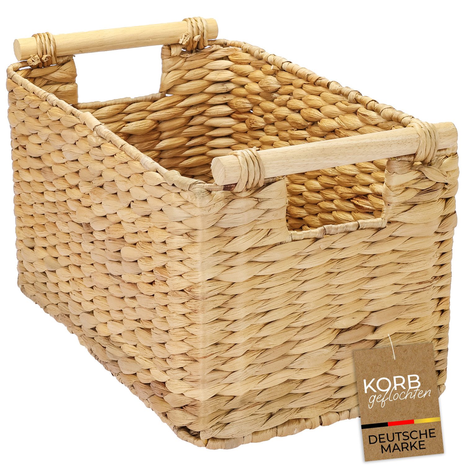 HMF Aufbewahrungskorb Aufbewahrungskorb geflochten aus Wasserhyazinthe, Korb mit (1 St), mit Holzgriffen für Bad, Küche und Wohnbereich, 37 x 22 x 20 cm