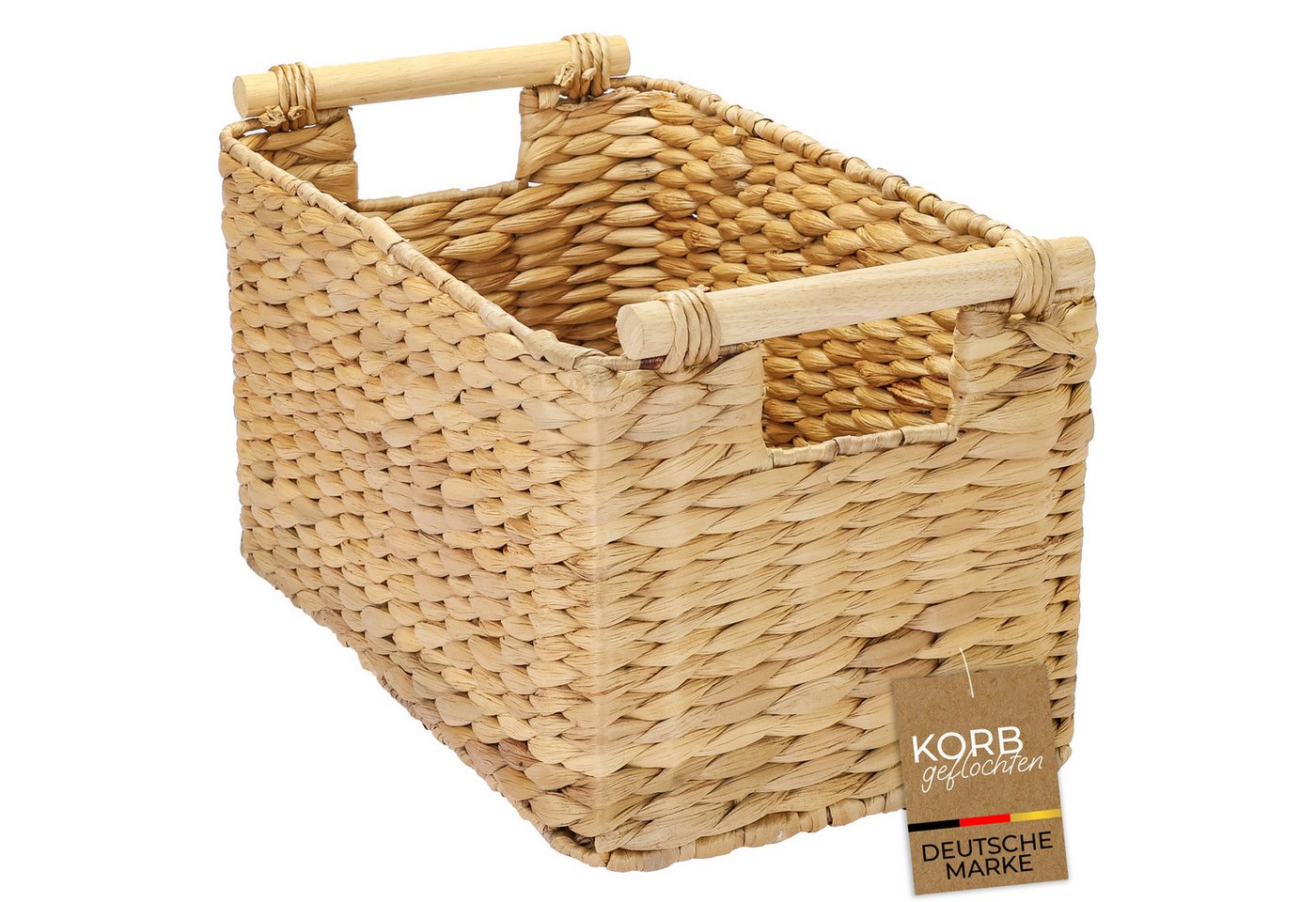 HMF Aufbewahrungskorb Aufbewahrungskorb geflochten aus Wasserhyazinthe, Korb mit (1 St), mit Holzgriffen für Bad, Küche und Wohnbereich, 37 x 22 x 20 cm