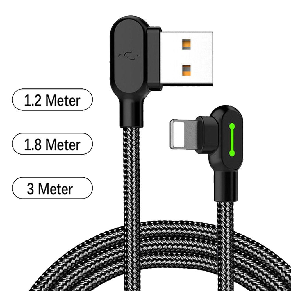 Orbeet LED 90 Grad Ladekabel Winkel USB Kabel Nylon für iPhone IOS L Form  Blitz-Kabel, (120 cm)