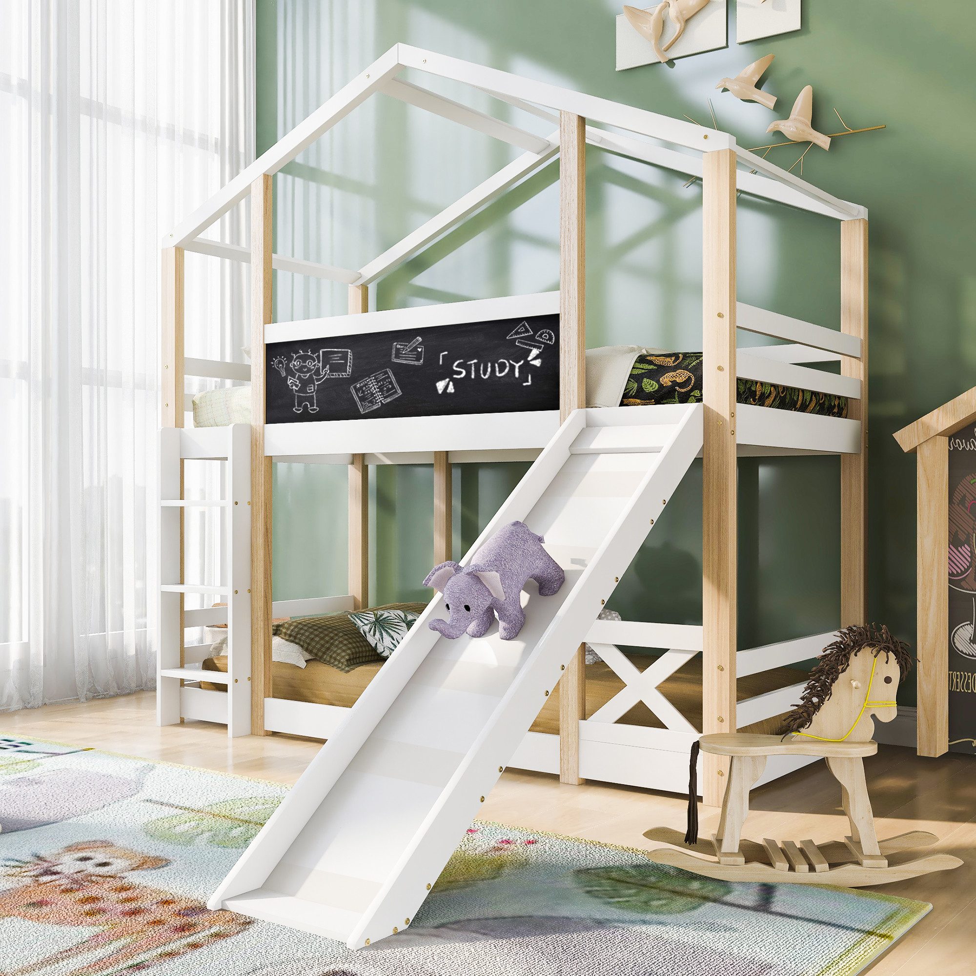 MODFU Etagenbett Kinderhochbett Spielbett (Hausbett, 90x200 cm mit Leiter und Fallschutz), ohne Matratze