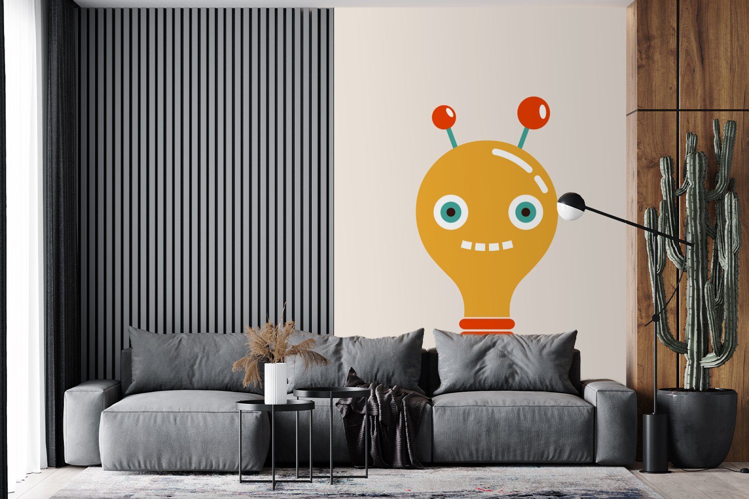 Wandtapete Glühbirne für MuchoWow Wohnzimmer, Montagefertig (3 Matt, St), Tapete Roboter Antenne - bedruckt, - - - Vinyl Kinder, Gesicht Fototapete