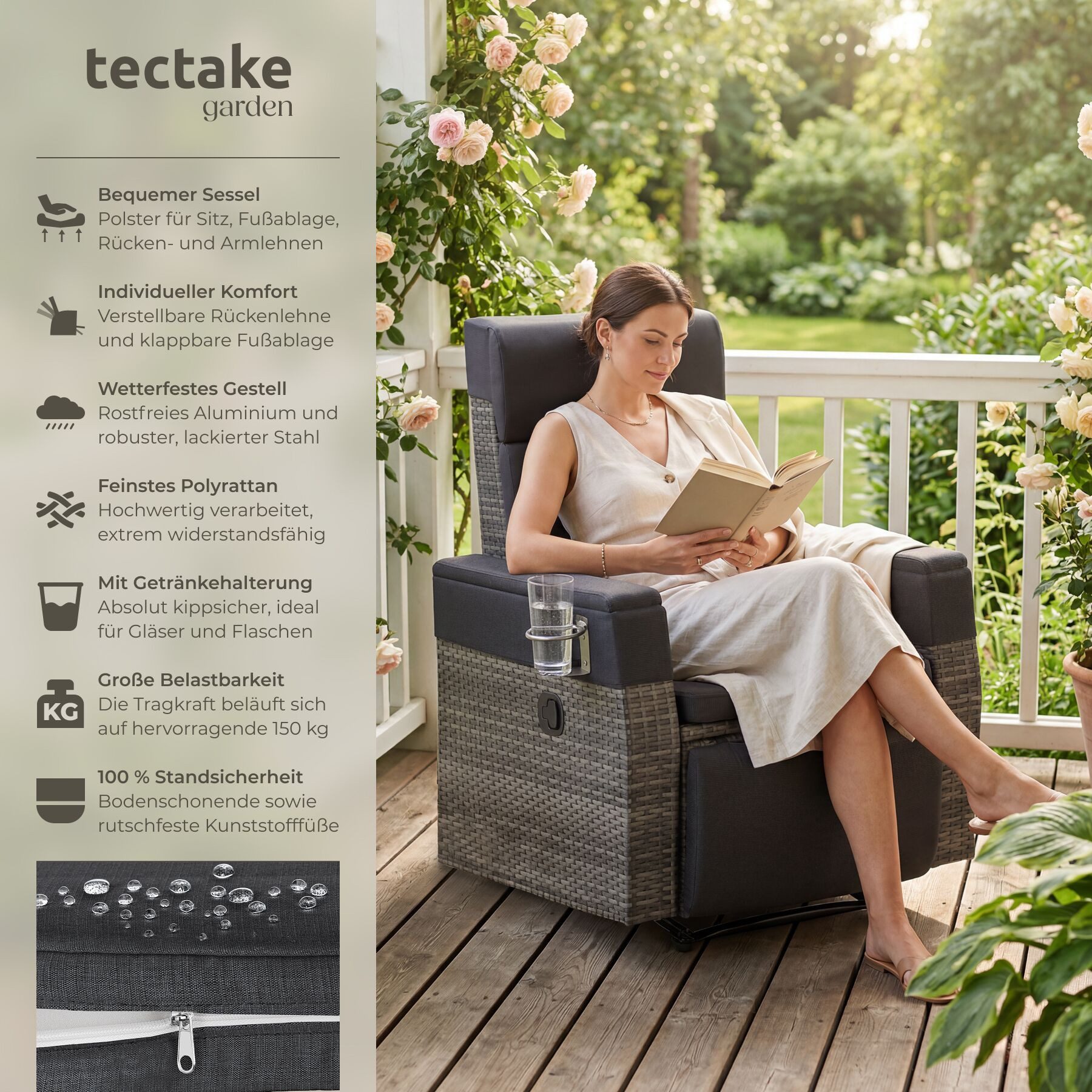 tectake Rattanstuhl Gartensessel Aluminium wetterfest, verstellbare Rückenlehne, 150 kg (Set, 1 St), Wetterfestes Gestell aus rostfreiem Aluminium