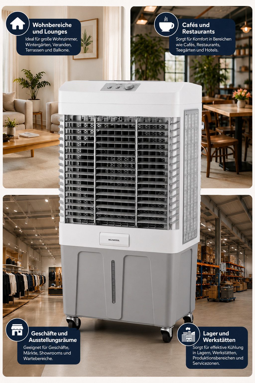 KUMTEL Turboventilator automatische Oszillation, Befeuchtungsfunktion, 240 W, 80-Liter-Wassertank,waschbarer Filter, mit Rollen, 4 Kühlakkus