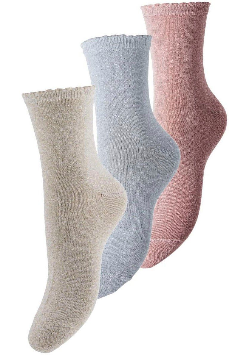 GLITTER Socken mit pieces NOOS 3-PACK SOCKS Muschelsaum 3-Paar) und (Set, Bündchen gerippten LONG PCSEBBY