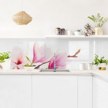 Bilderdepot24 Küchenrückwand rosa dekor Blumen Wandpaneel Küche Zarter Magnolienzweig, (1-tlg., Nischenrückwand - für Fliesenspiegel ohne Bohren - matt), Spritzschutz Rückwand Küche Herd - Folie selbstklebend versch. Größen