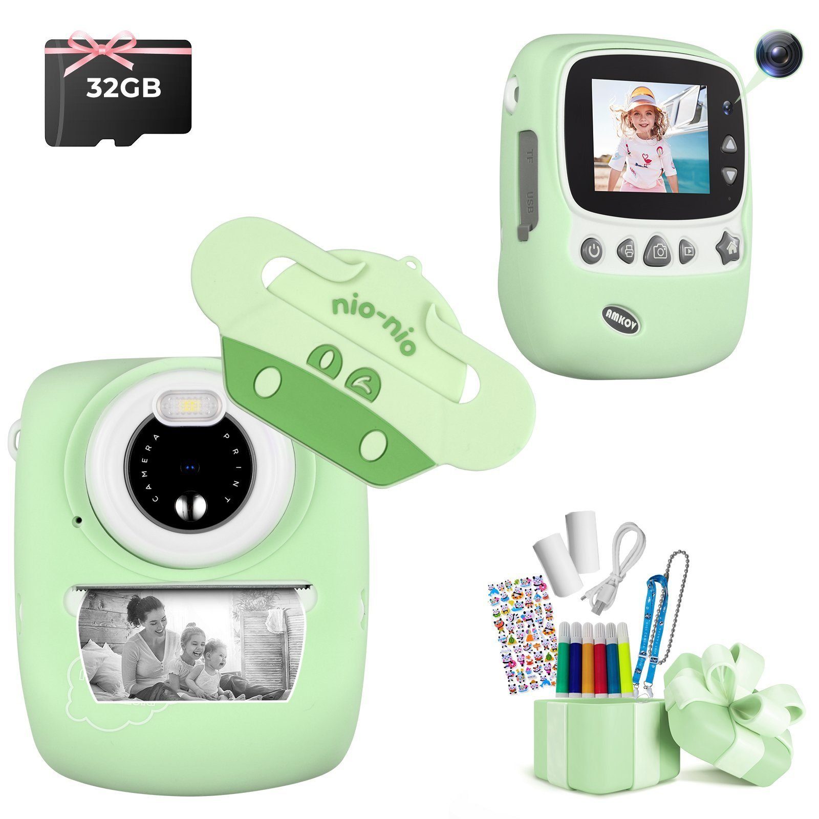 DOTMALL CD-P01B Kinderkamera (30 MP, 16x opt. Zoom, WLAN (Wi-Fi) Kinderkamera (inkl. 6 farbigen Pinselstiften + 2 Rollen Druckpapier + Aufkleber, Videoaufnahmen mit Ton in Full HD, 30 MP, 16x opt. Zoom, WLAN (Wi-Fi), Zusätzliche 32 GB SD-Speicherkarte)