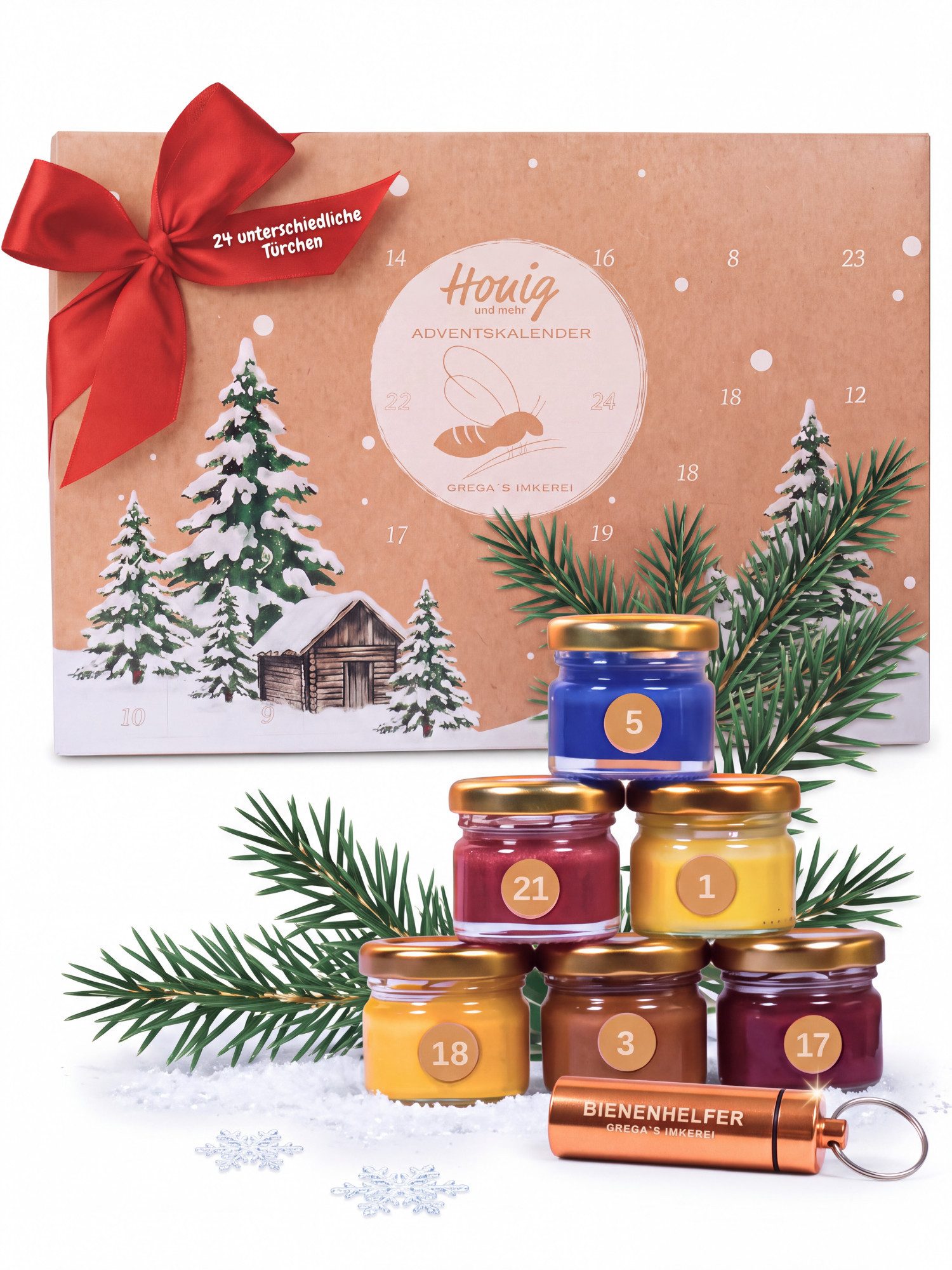 Grega´s Imkerei Lebensmittel-Adventskalender Honig 2026 mit 24 unterschiedlichen Türchen (Honig Adventskalender 2026), Feinkost Adventskalender direkt von deutscher Familienimkerei