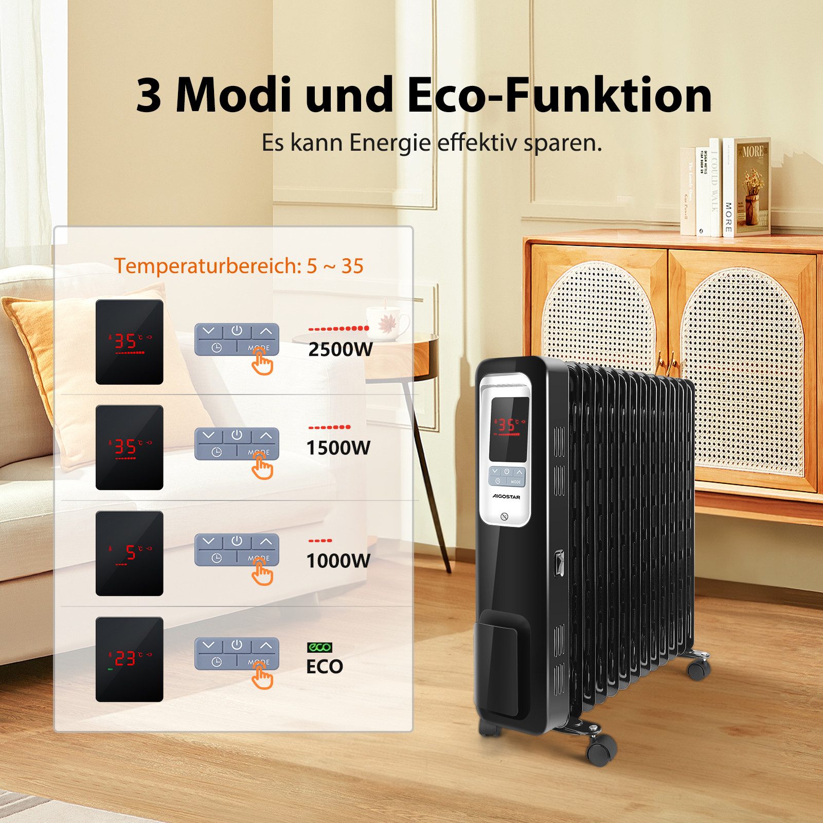 Aigostar Ölradiator 2500W Ölradiator Energiesparender,LCD Elektro Heizkörpe günstig online kaufen