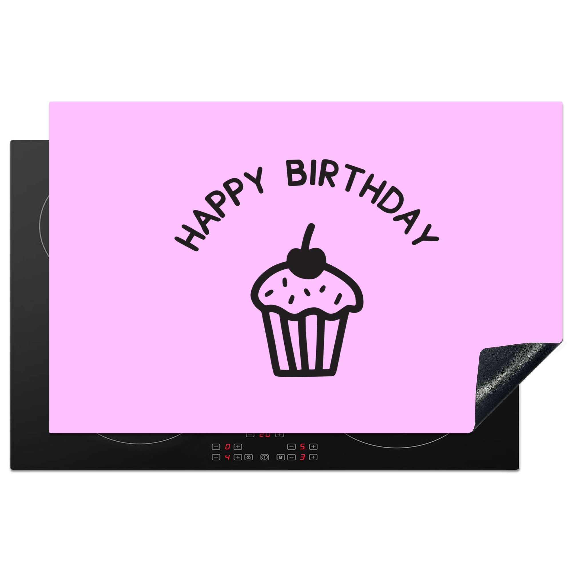 MuchoWow Herdblende-/Abdeckplatte Zitat "Happy Birthday" mit einem Cupcake auf einem rosa Hintergrund, Vinyl, (1 tlg), 81x52 cm, Induktionskochfeld Schutz für die küche, Ceranfeldabdeckung